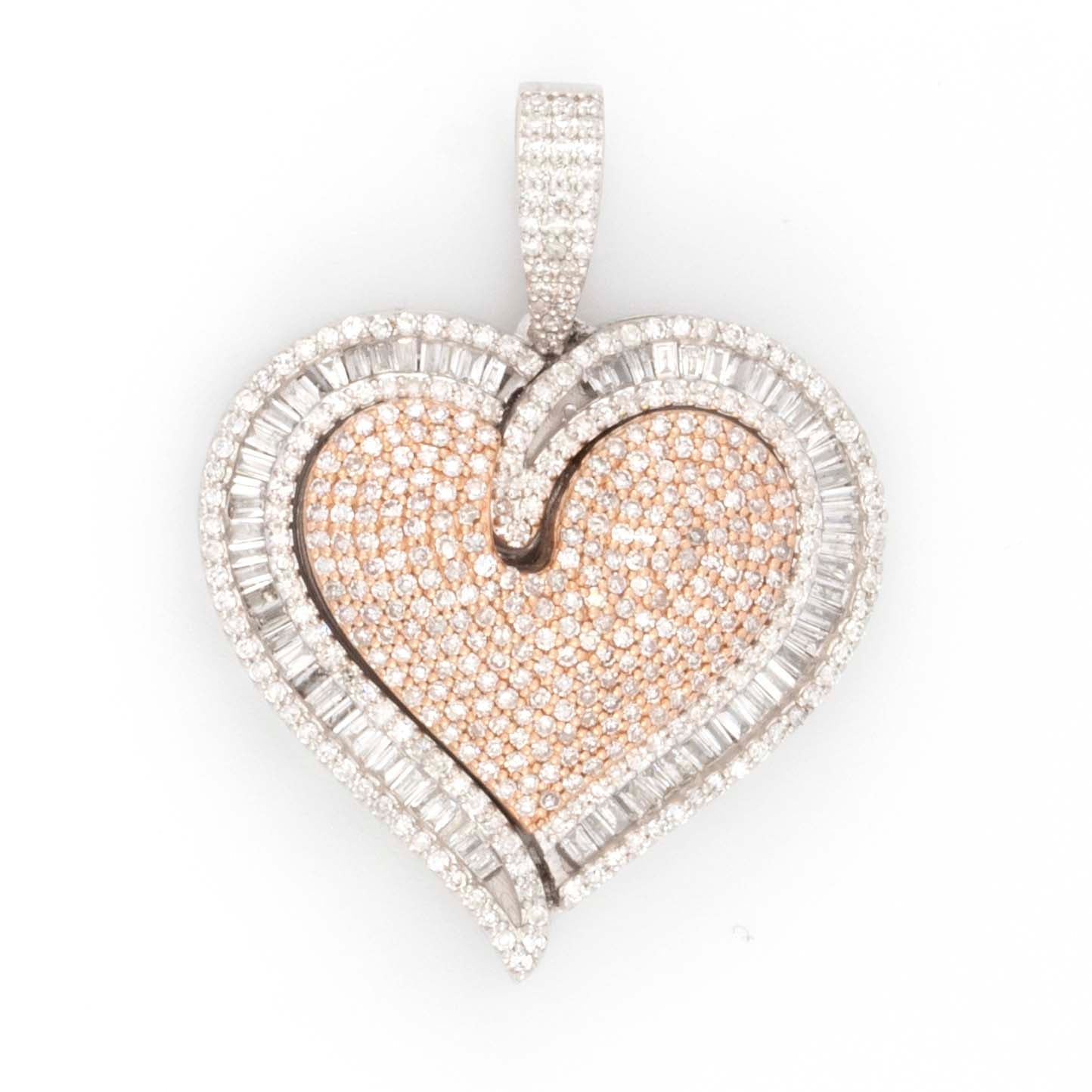 10K TwoTone Rose White Gold Baguette and Round 3D Heart 1.60CT Diamond Pendant 1.5" - Elite Jewelers - Charms & Pendants