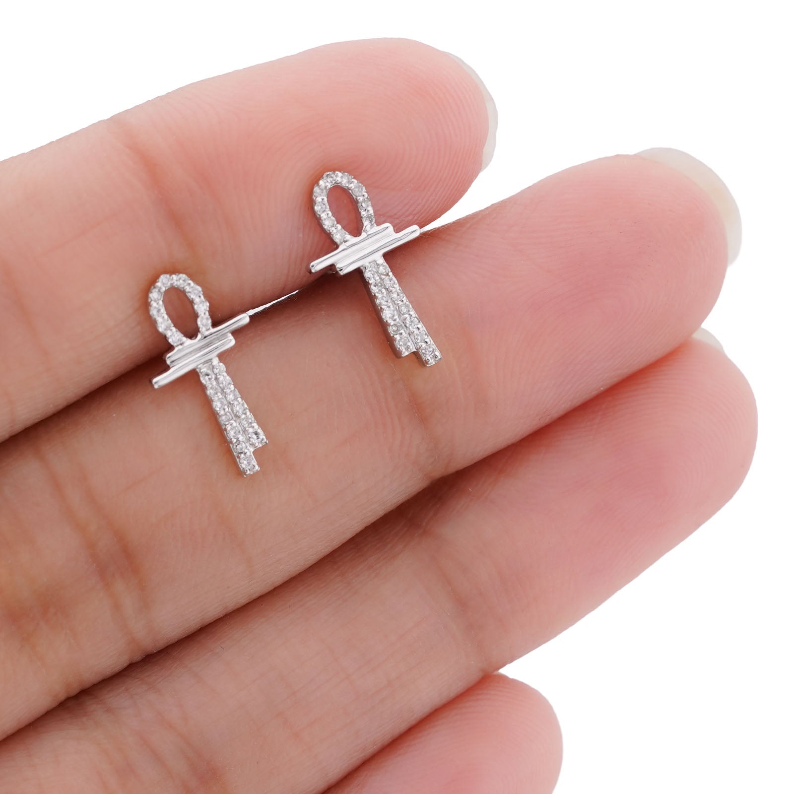 10K White Gold 0.125CT Natural Diamond Ankh Cross Men Women Earrings - Elite Jewelers-Earrings