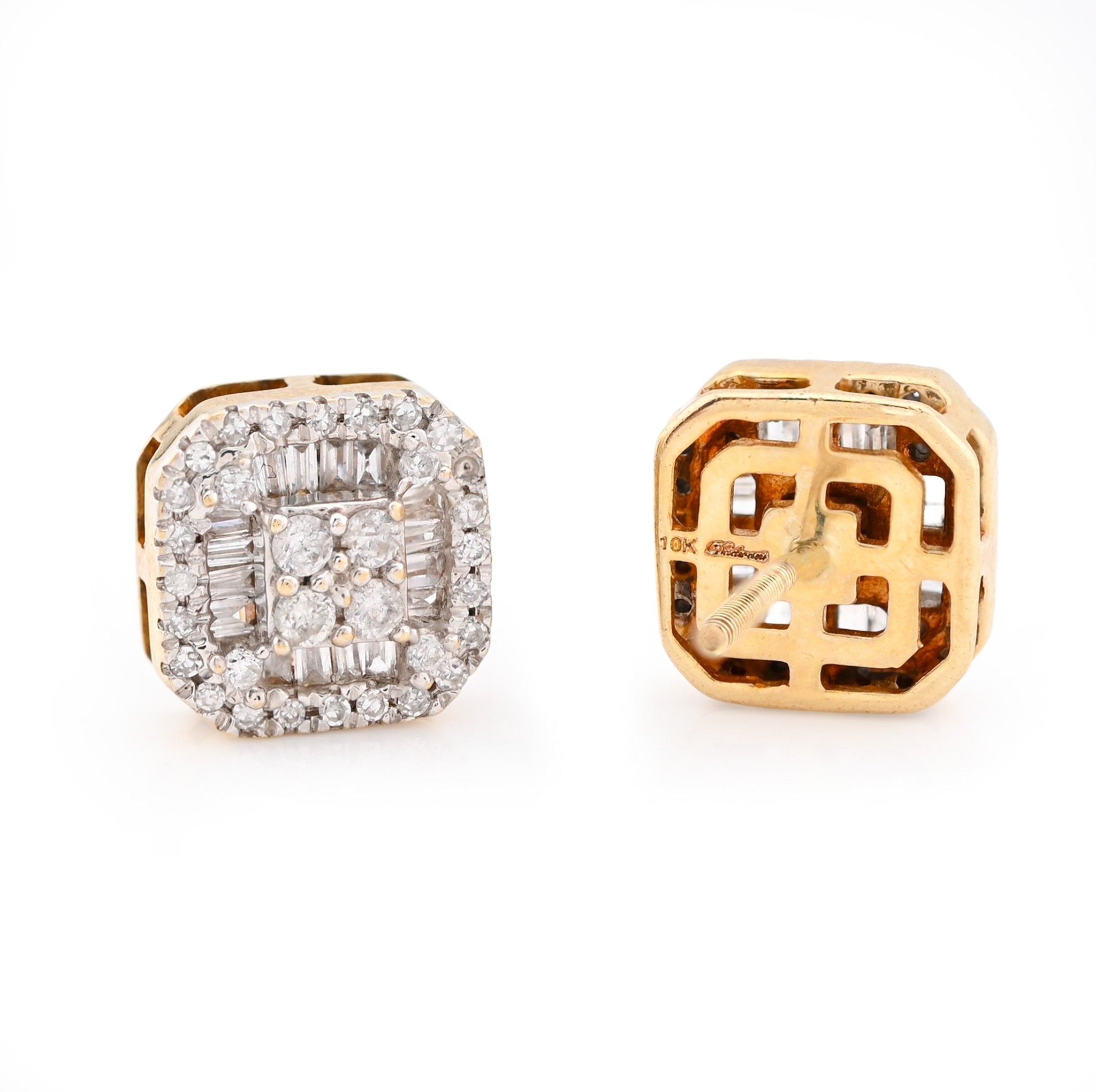 10K White Gold 0.22CT Natural Diamond Round/Baguette Rectangular Shape Men Women Earrings Stud - Elite Jewelers - Earrings