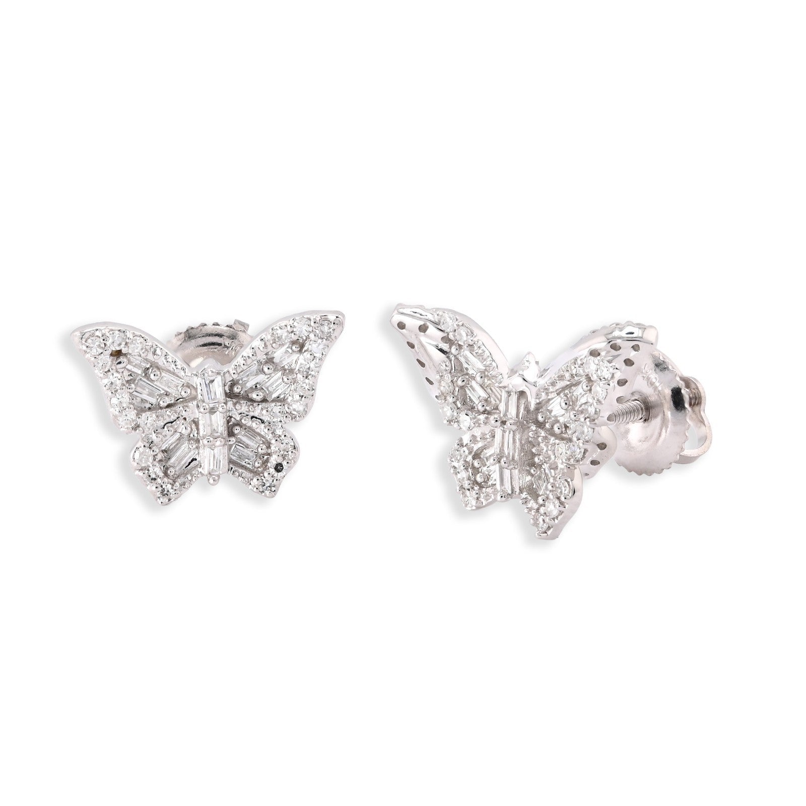 10k White Gold 0.27CTW Natural Diamond Round/Baguette Butterfly Studs Earring - Elite Jewelers - Earrings