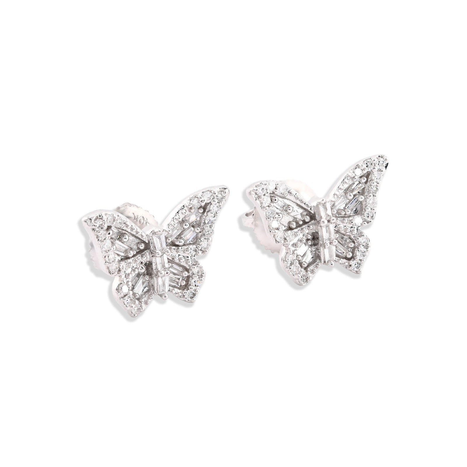 10k White Gold 0.27CTW Natural Diamond Round/Baguette Butterfly Studs Earring - Elite Jewelers - Earrings