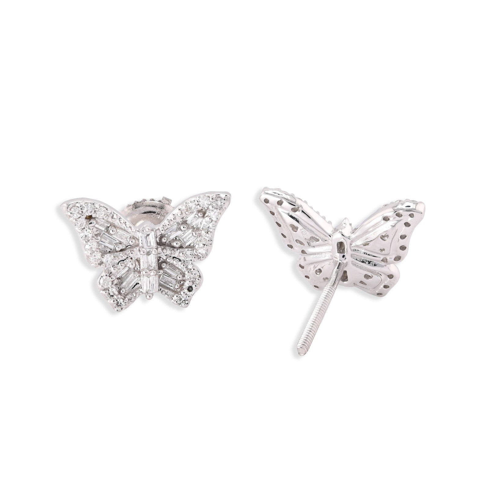 10k White Gold 0.27CTW Natural Diamond Round/Baguette Butterfly Studs Earring - Elite Jewelers - Earrings