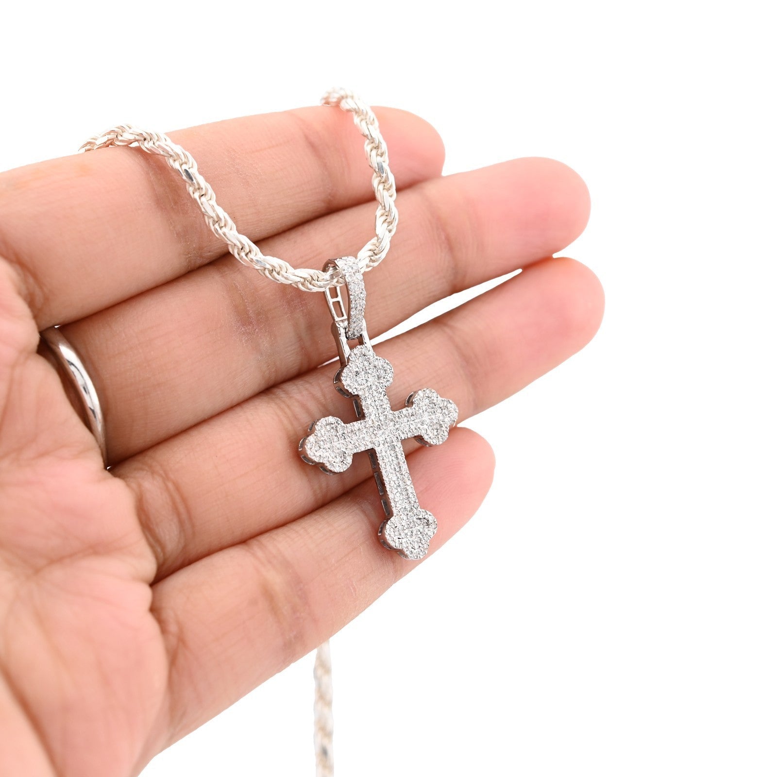 10k White Gold 0.5CTW Natural Diamond ICED Budded Cross Pendant 3.3g Mens Charm - Elite Jewelers - Charms & Pendants