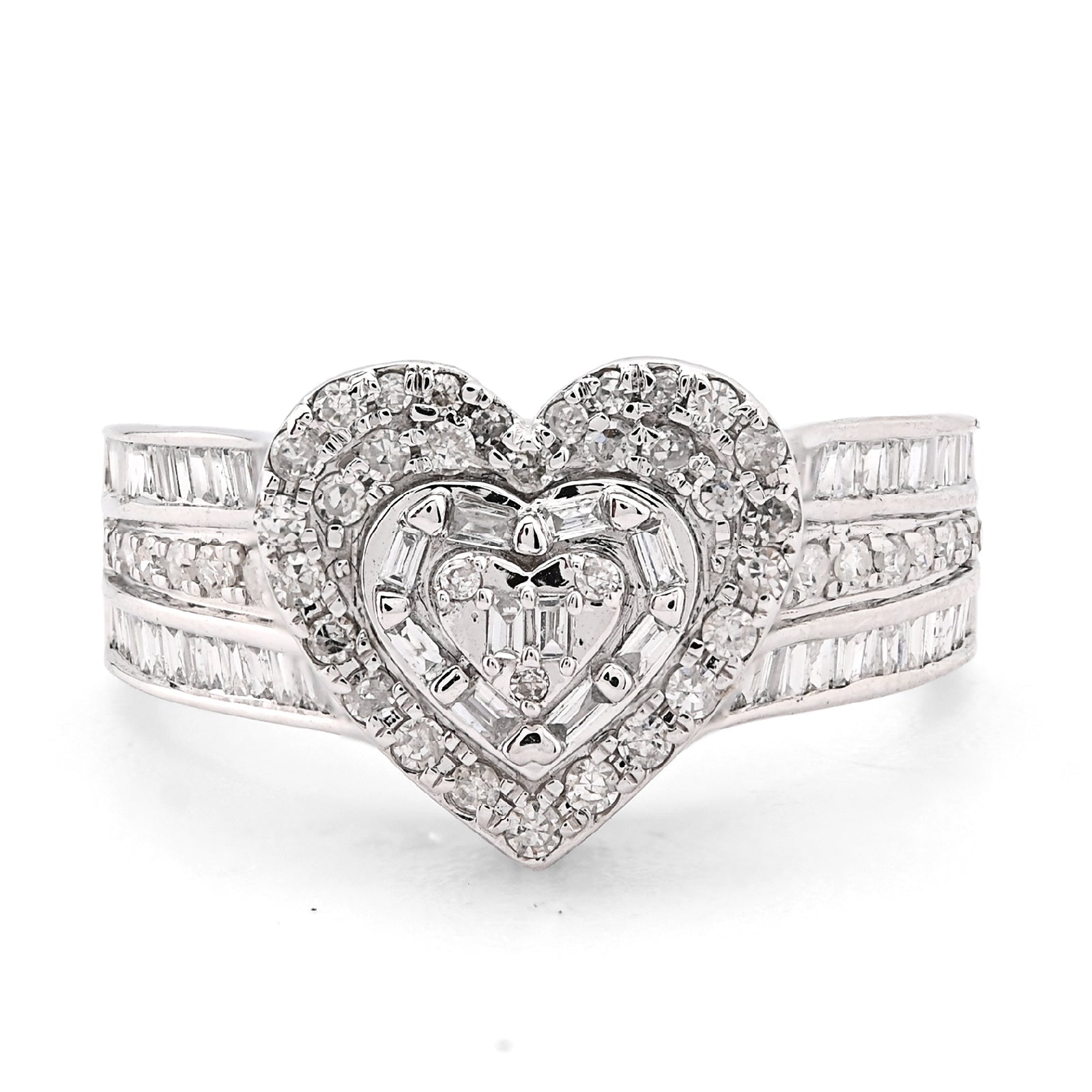 10K White Gold 0.75CT Natural Diamond Round/Baguette Triple Heart Shape Women Ring - Elite Jewelers - Rings