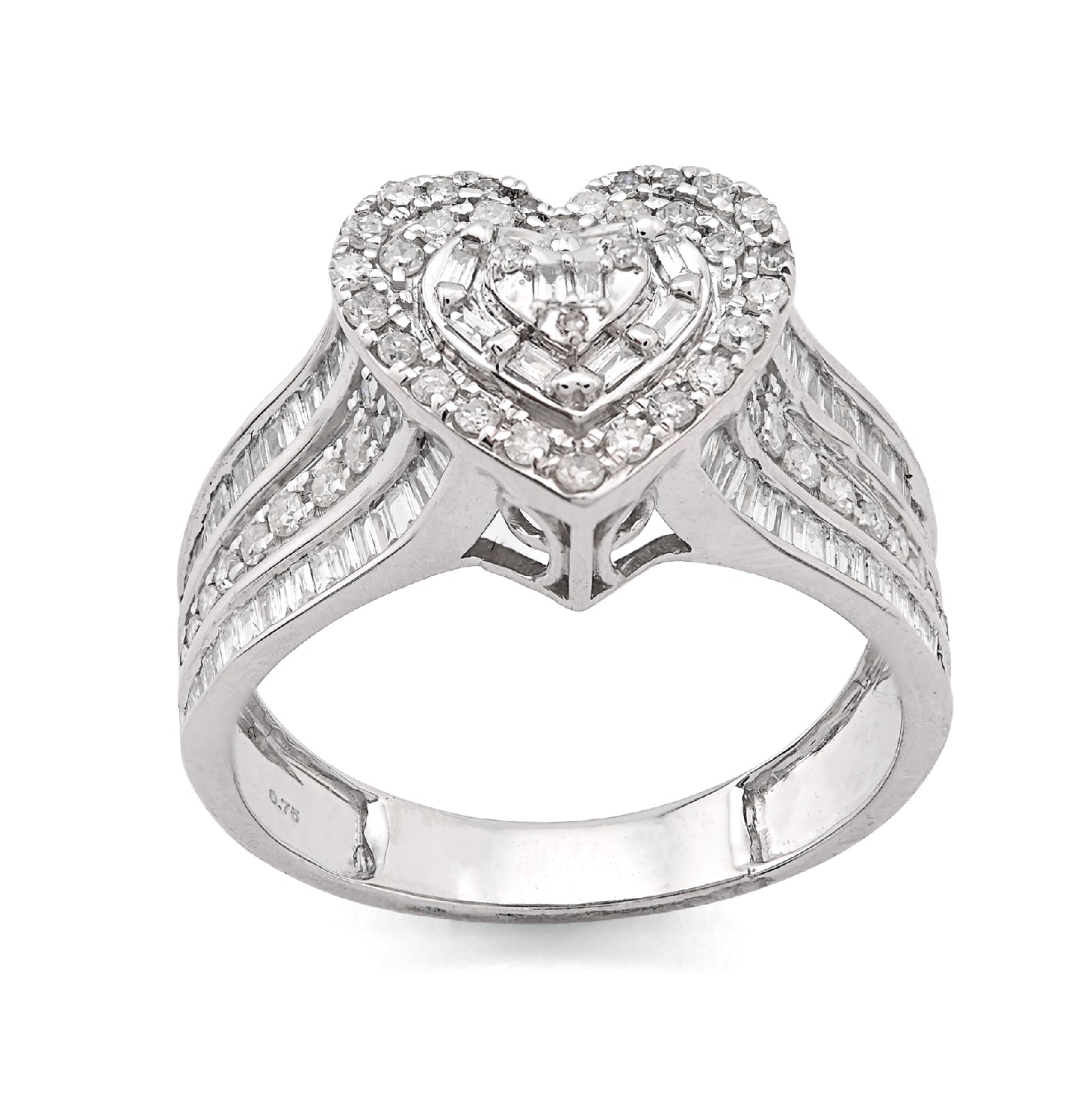 10K White Gold 0.75CT Natural Diamond Round/Baguette Triple Heart Shape Women Ring - Elite Jewelers - Rings