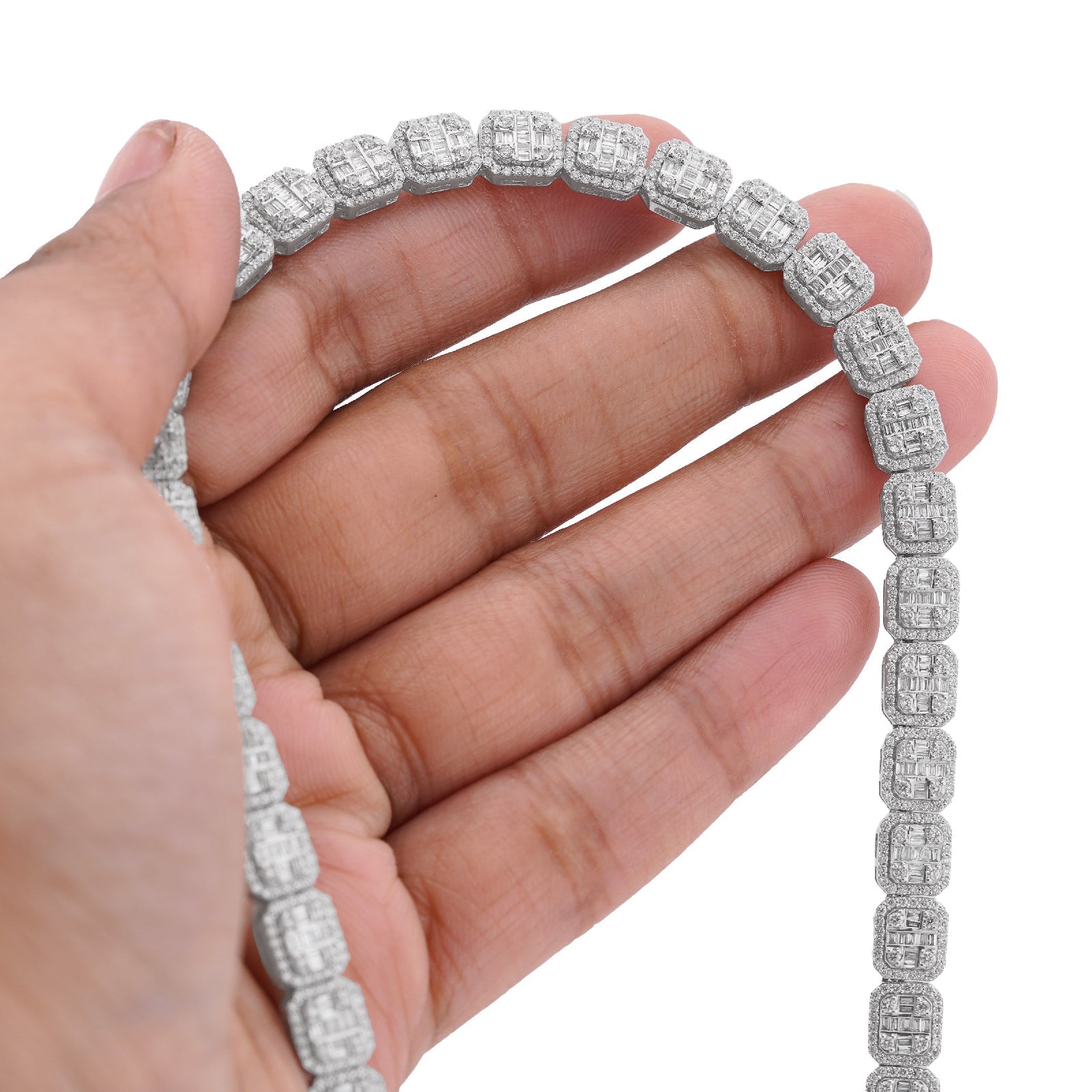 10K White Gold 10.17CT Natural Round/Baguette Diamond Hexagon Shape 6MM Men Women 22" Tennis Chain - Elite Jewelers-Necklaces