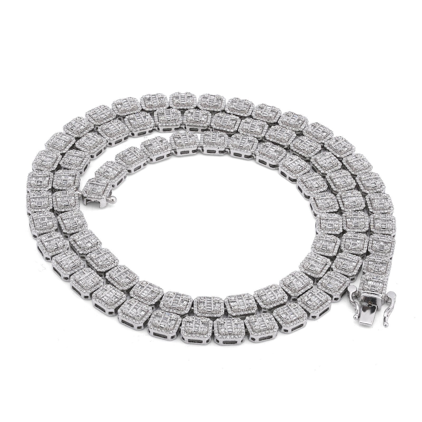 10K White Gold 10.17CT Natural Round/Baguette Diamond Hexagon Shape 6MM Men Women 22" Tennis Chain - Elite Jewelers-Necklaces
