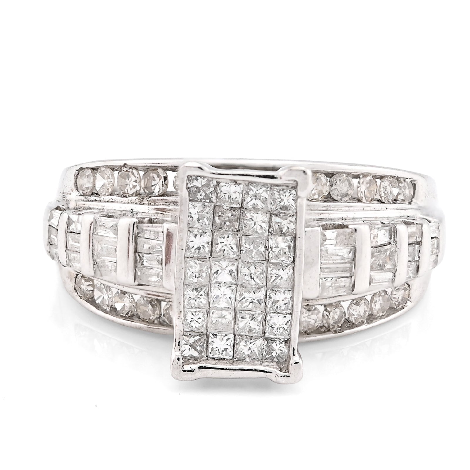 10K White Gold 1.0CT Natural Diamond Princess/Round/Baguette Rectangular Women Ring - Elite Jewelers - Rings