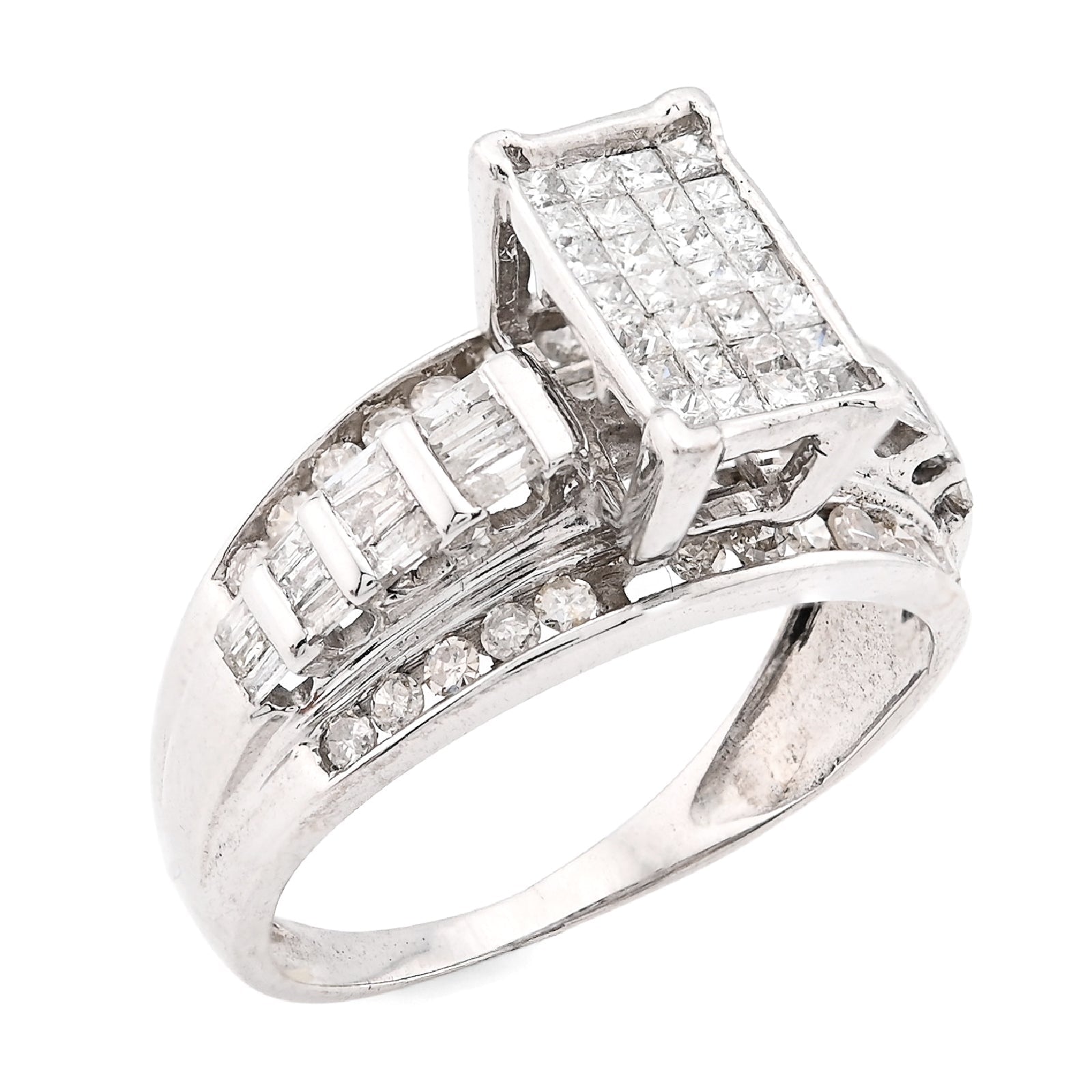 10K White Gold 1.0CT Natural Diamond Princess/Round/Baguette Rectangular Women Ring - Elite Jewelers - Rings