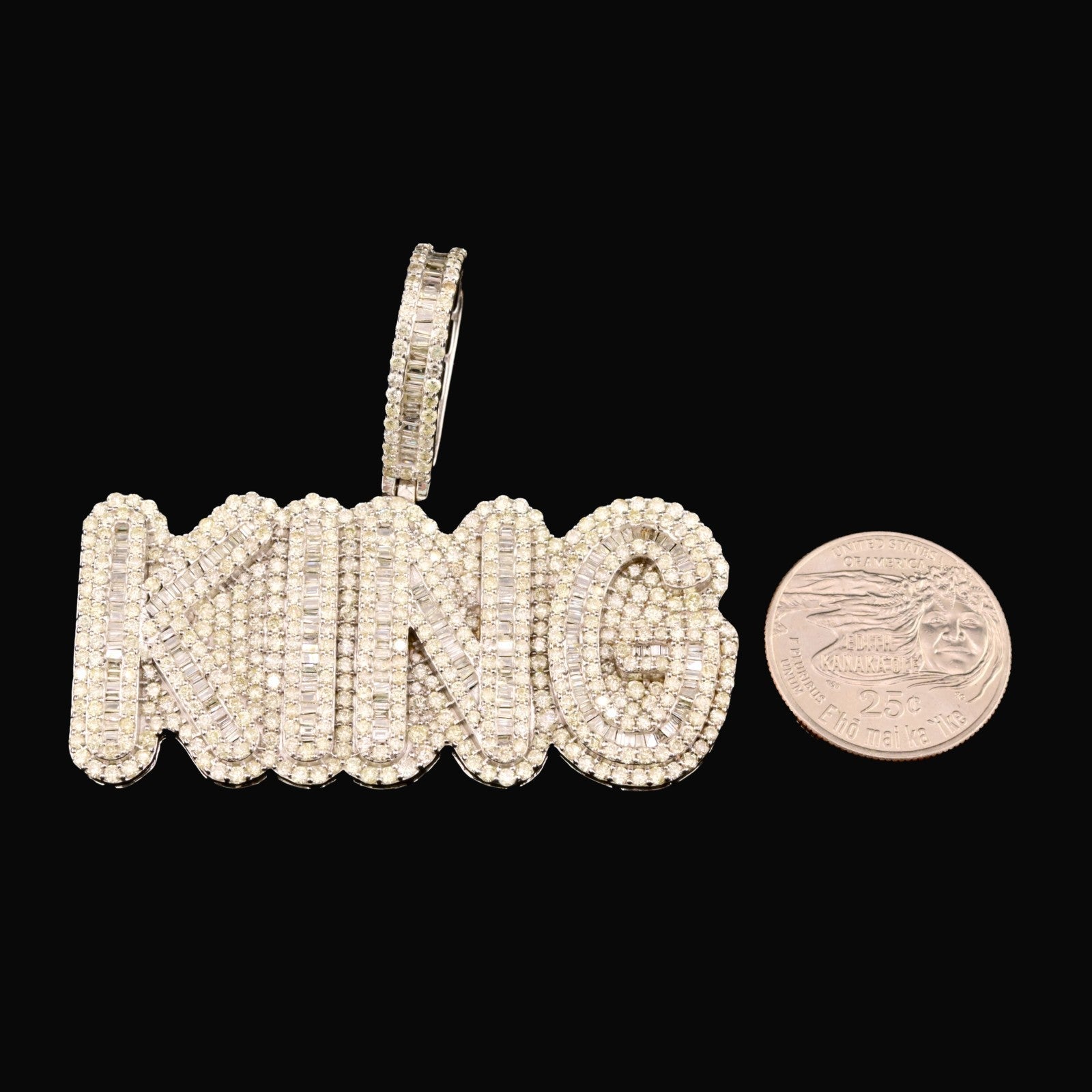 10k White Gold 10CTW Natural Round & Baguette Diamond "KING" Pendant 31.3g Charm - Elite Jewelers - Charms & Pendants