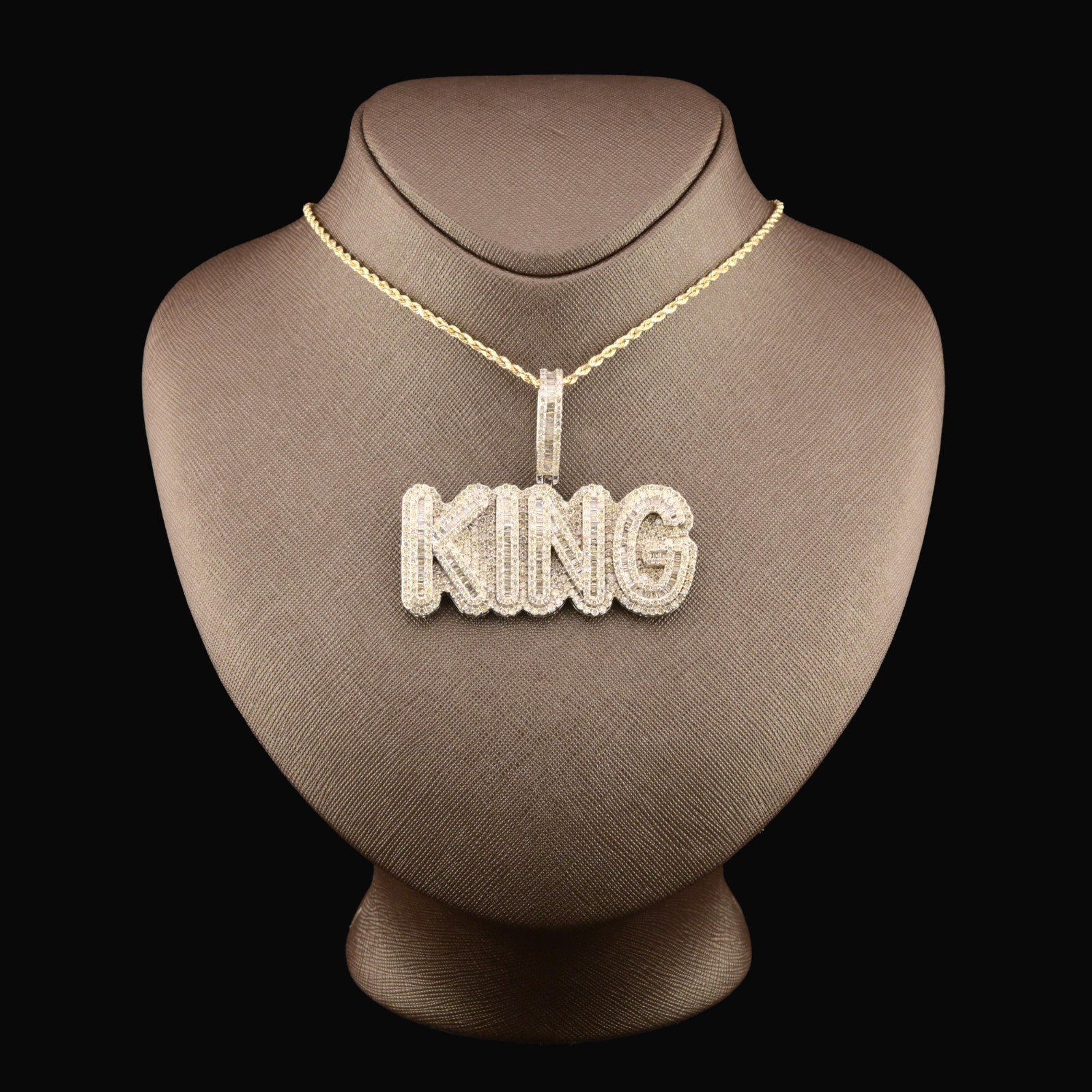 10k White Gold 10CTW Natural Round & Baguette Diamond "KING" Pendant 31.3g Charm - Elite Jewelers - Charms & Pendants