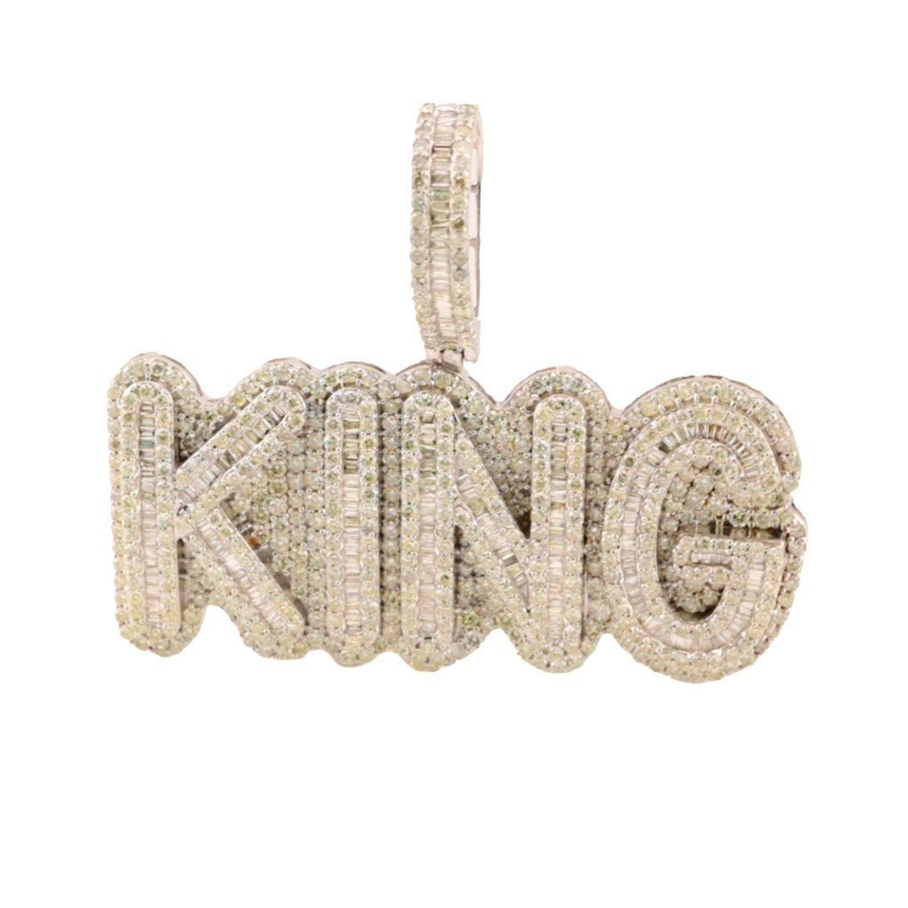 10k White Gold 10CTW Natural Round & Baguette Diamond "KING" Pendant 31.3g Charm - Elite Jewelers - Charms & Pendants