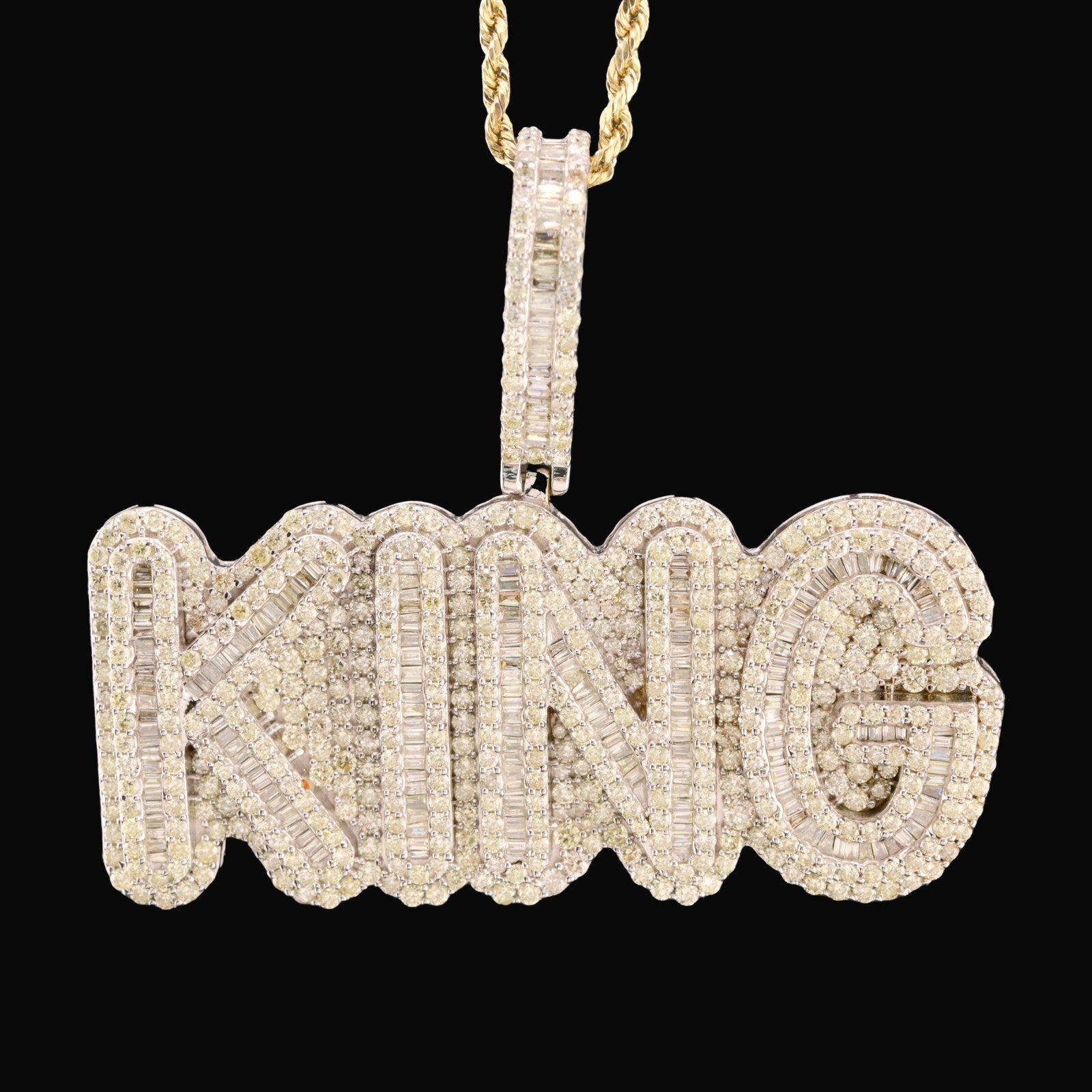 10k White Gold 10CTW Natural Round & Baguette Diamond "KING" Pendant 31.3g Charm - Elite Jewelers - Charms & Pendants
