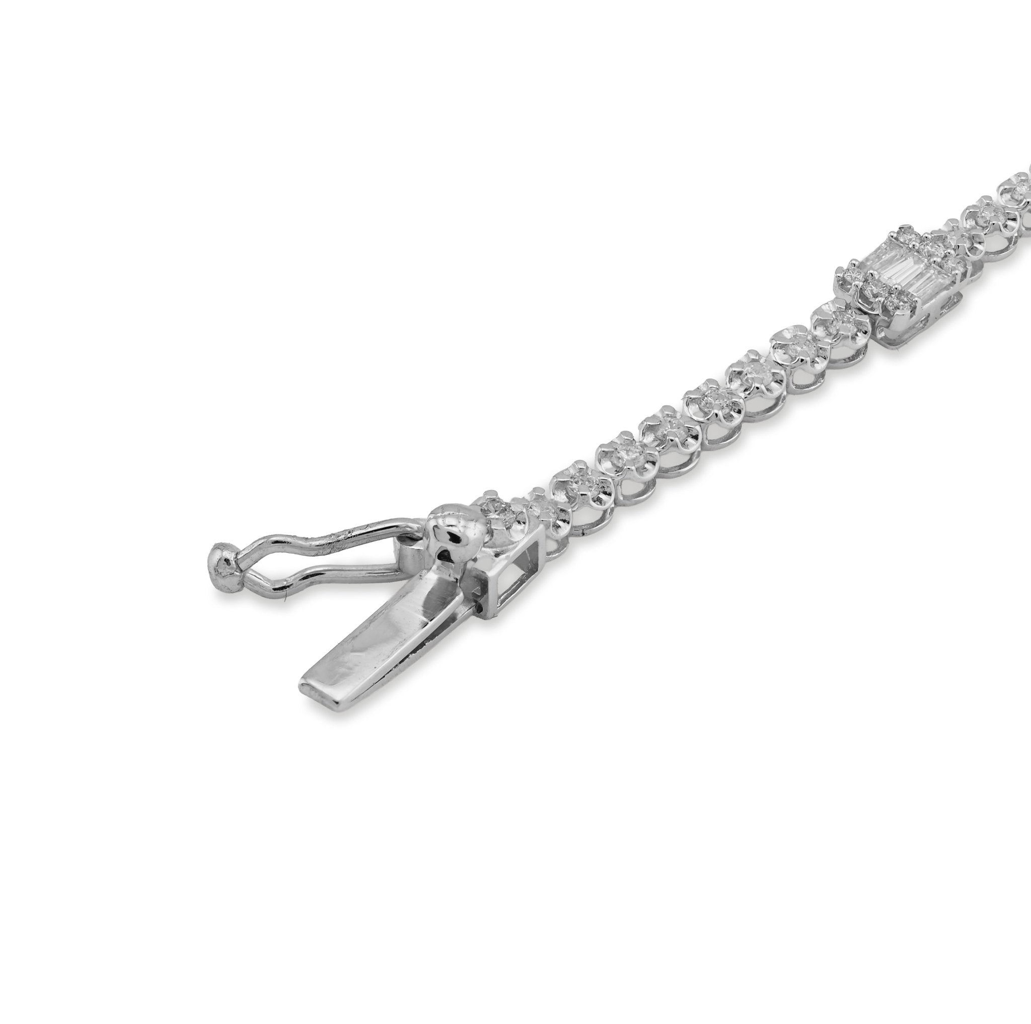 10K White Gold 1.10CT Natural Diamond Round/Baguette 7" Men Women Bracelet - Elite Jewelers - Bracelets