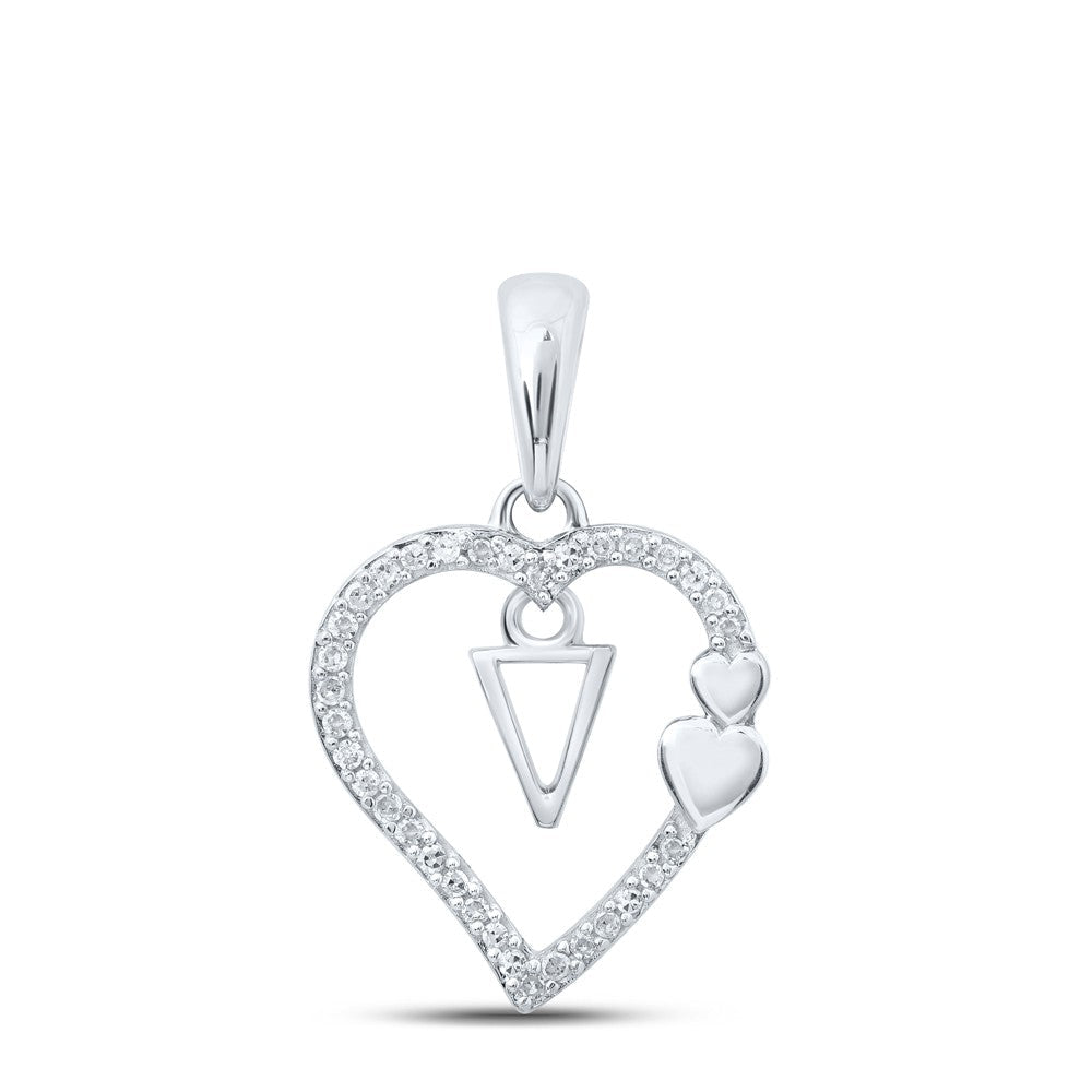 10k White Gold 1.34gms 0.1CTW Natural Diamond Initial "V" Heart Pendant Charm - Elite Jewelers - Charms & Pendants