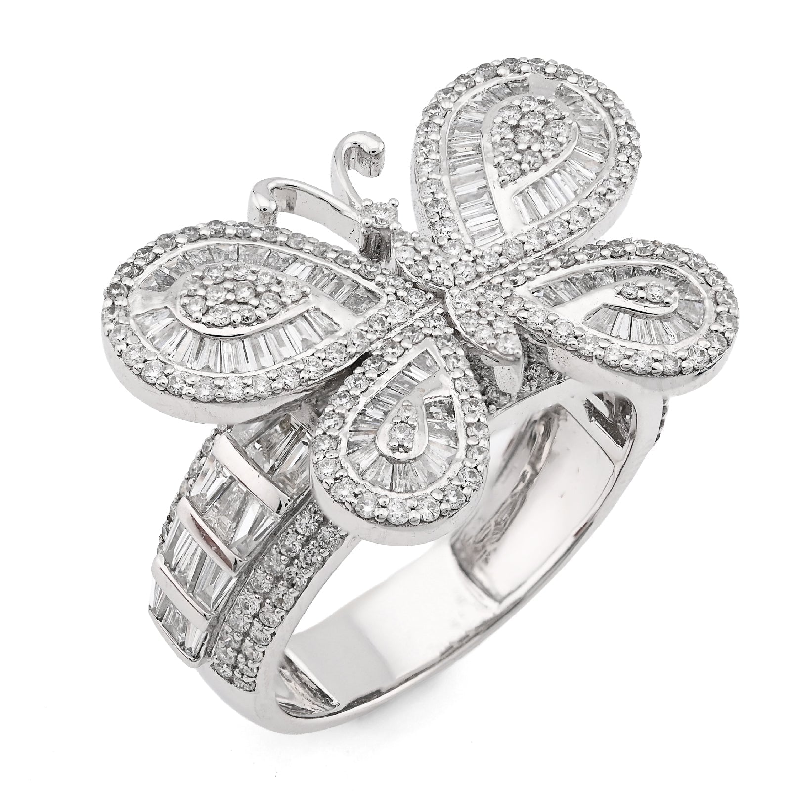 10K White Gold 1.80CT Natural Dimaond Round/Baguette Butterfly Women Band 8.2g Ring - Elite Jewelers - Rings