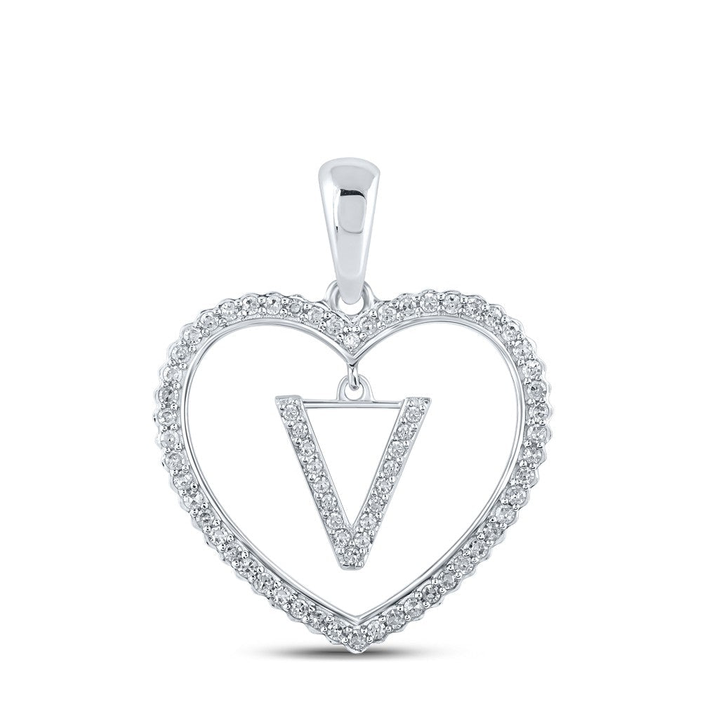 10k White Gold 1.81g 0.24CTW Natural Diamond Initial "V" Pendant Heart Charm - Elite Jewelers - Charms & Pendants