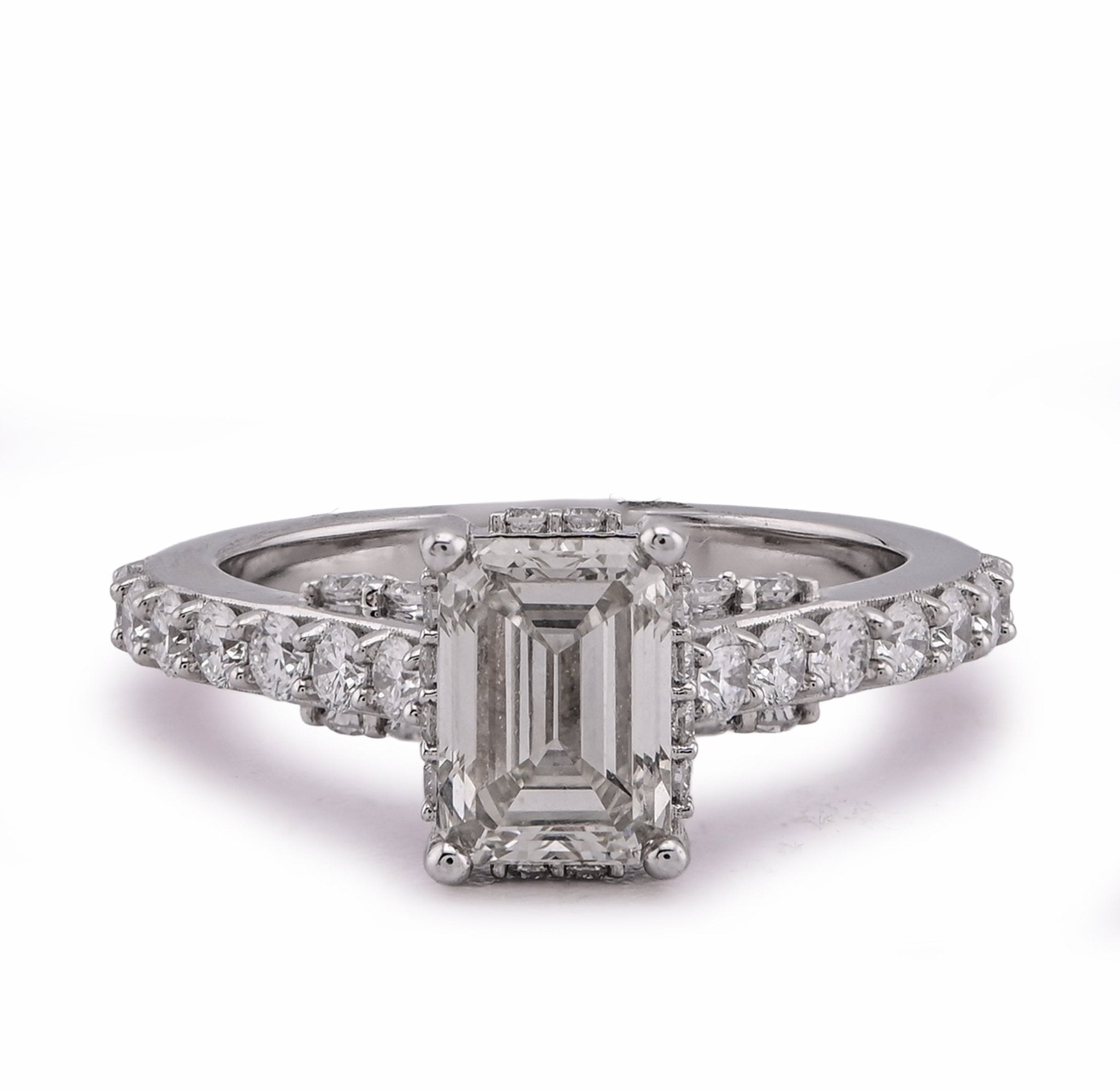 10K White Gold 2.17CT Centre Emerald Round Side Lab Diamond Women Ring - Elite Jewelers - Rings