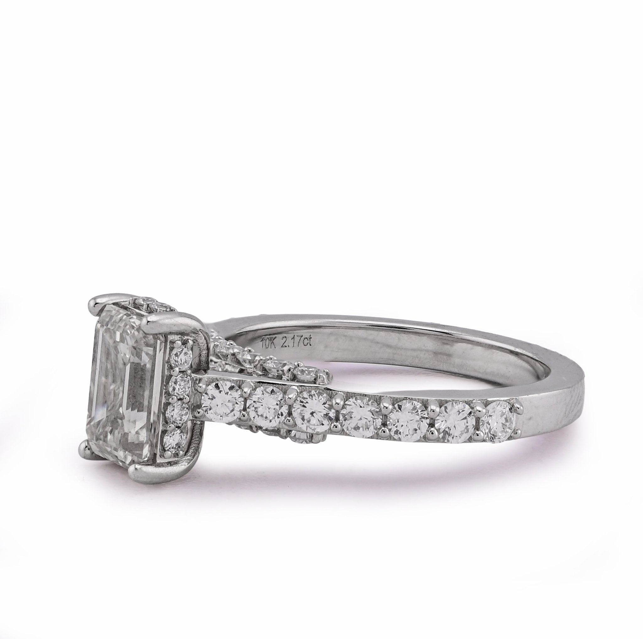 10K White Gold 2.17CT Centre Emerald Round Side Lab Diamond Women Ring - Elite Jewelers - Rings