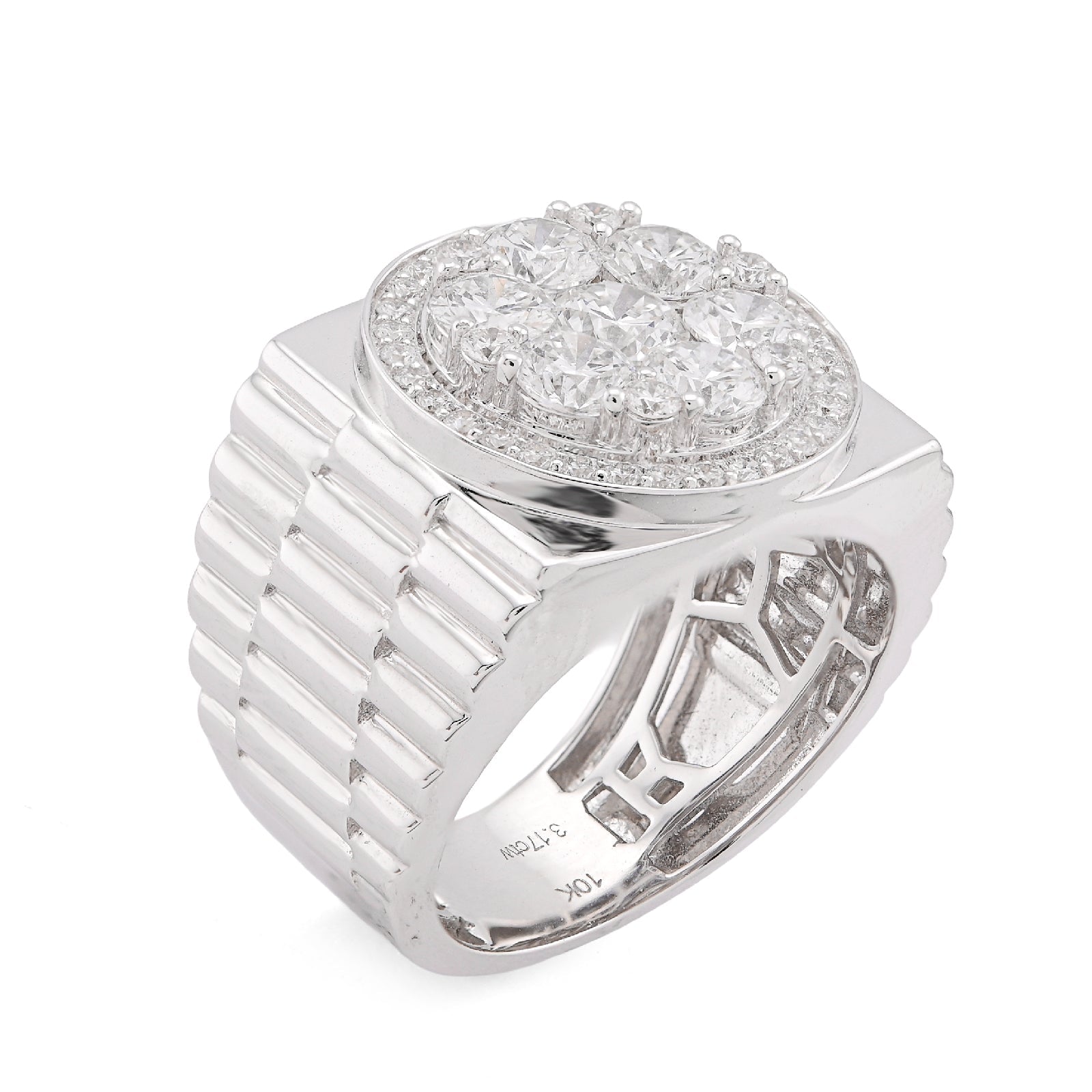 10K White Gold 3.17CT Flower Cluster Centre Halo Men President's Lab Diamond Pinky Ring - Elite Jewelers-Rings