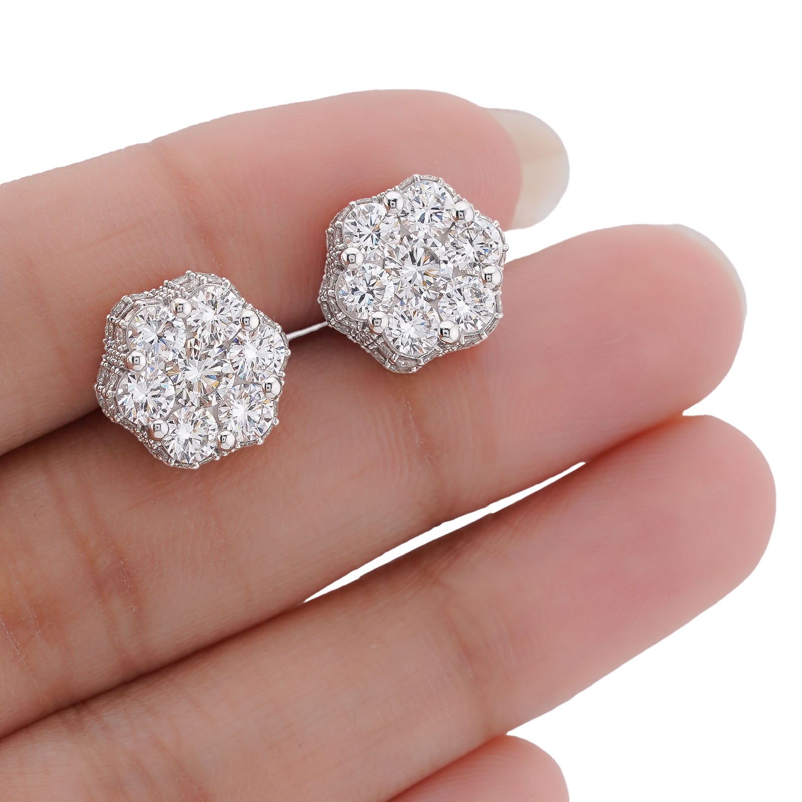 10K White Gold 4.06CT 7 Stone Side Round Lab Diamond Flower Cluster Men Women Earring - Elite Jewelers-Earrings