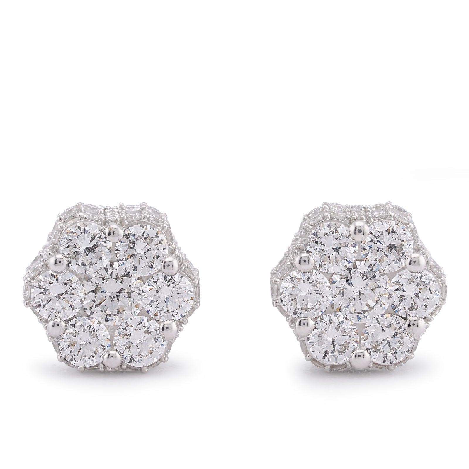 10K White Gold 4.06CT 7 Stone Side Round Lab Diamond Flower Cluster Men Women Earring - Elite Jewelers-Earrings
