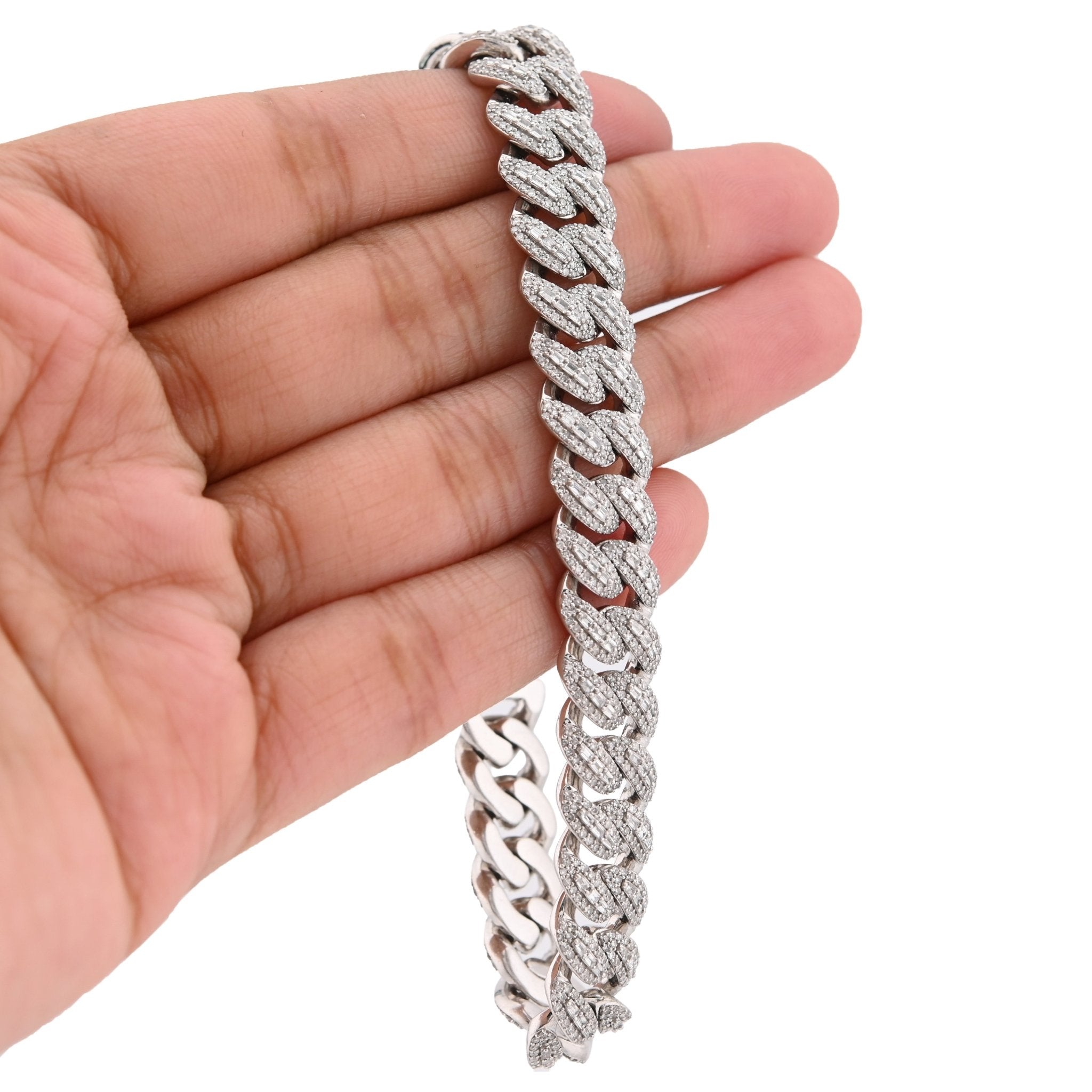 10K White Gold 7.5CT Natural Diamond Round/Baguette 8MM Cuban Link Braclet 8" 48.8g - Elite Jewelers - Bracelets