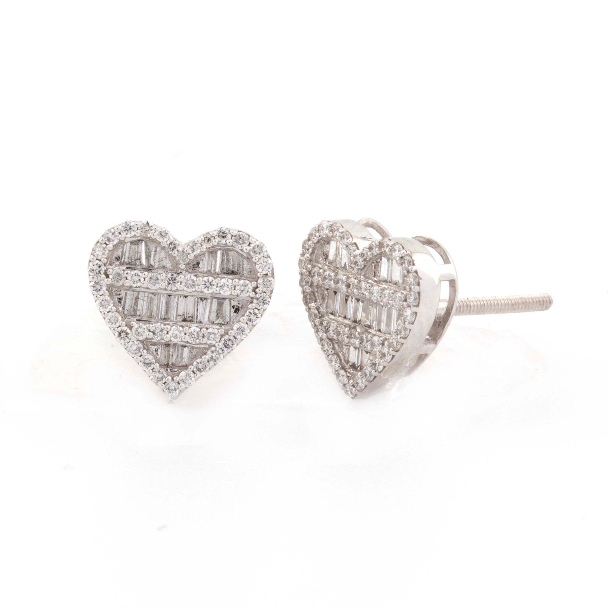 10k White Gold Baguette & Round Diamond Heart Earrings (10mm) - Elite Jewelers - Earrings