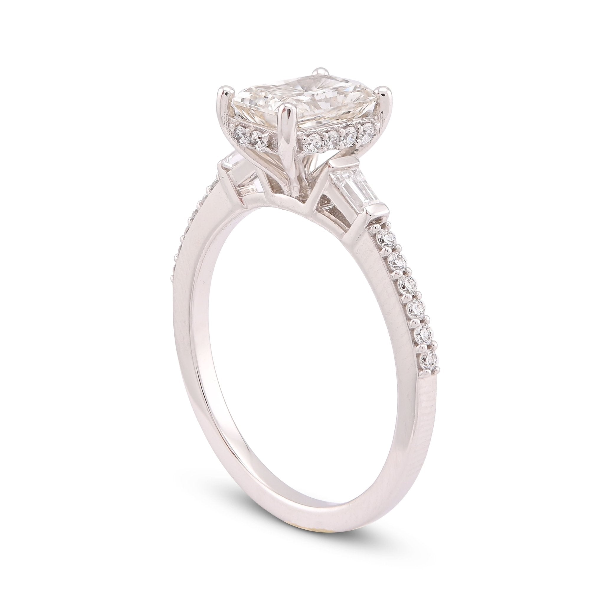 10K White Gold Centre Radiant Solitaire 1.53CT Lab Diamond Baguette/Round Women Ring - Elite Jewelers-Rings