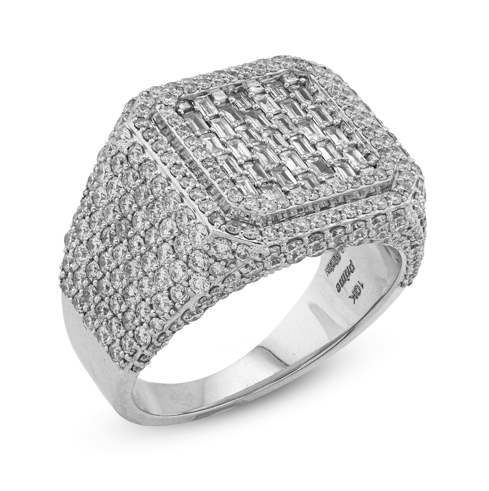 10K White Gold Square Shape 3.50CT Baguette Centre Side Iced Natural Diamond Men Pinky Ring - Elite Jewelers - Rings