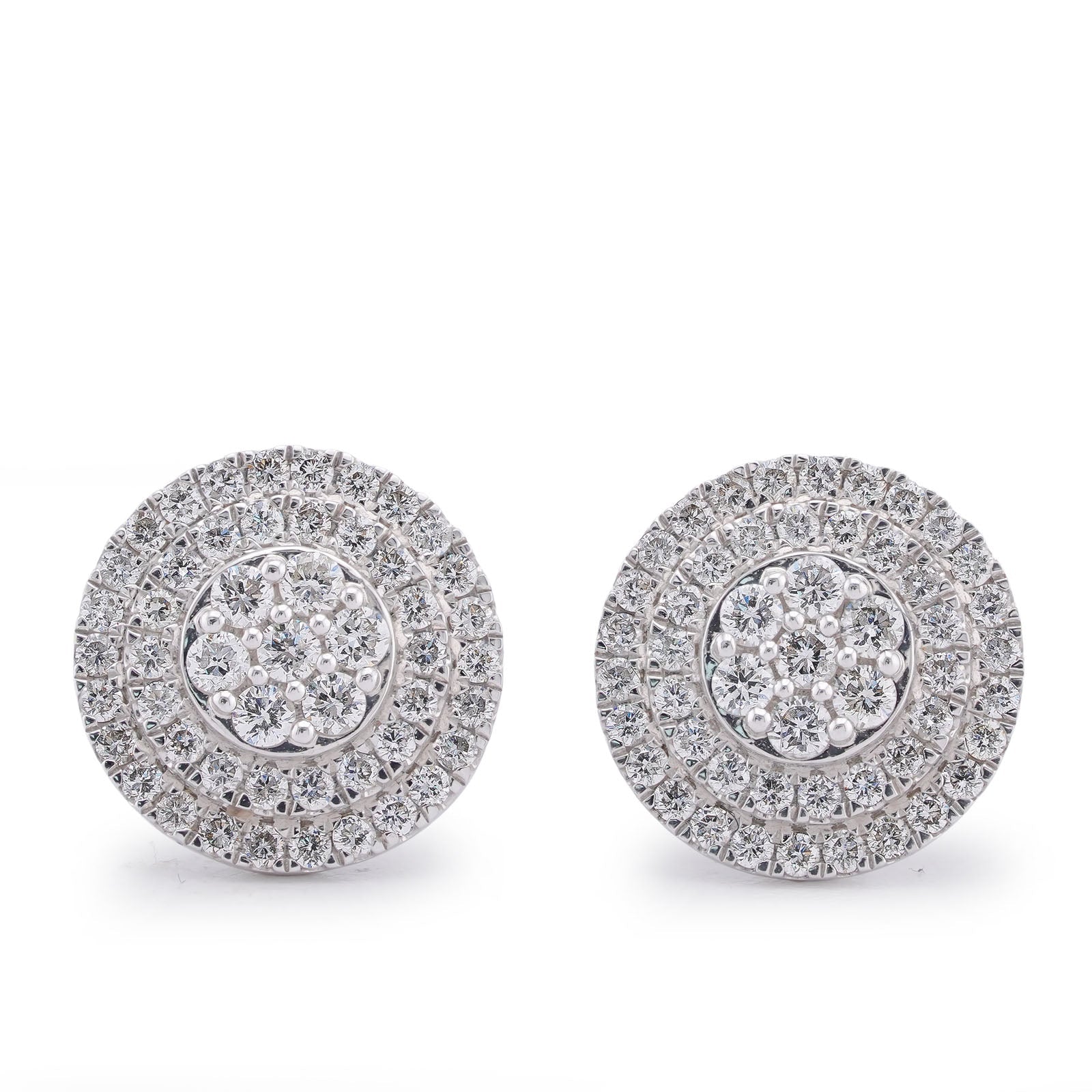 10K White Gold White Gold 1.09CT 3 Halo Flower Cluster Natural Diamond Men Women Earrings - Elite Jewelers-Earrings