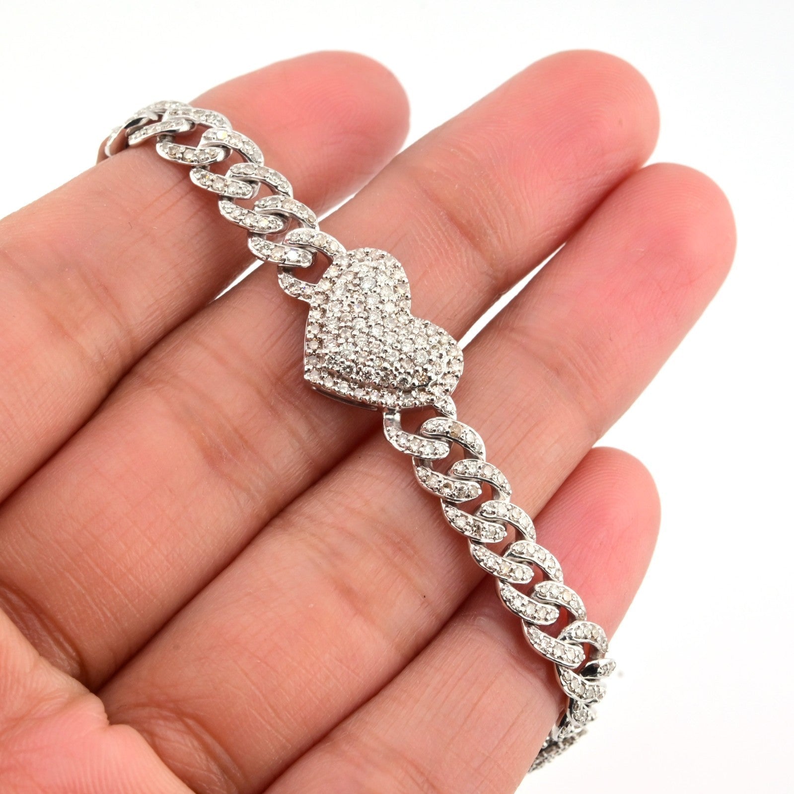 10k White Gold Women 3.25CTW Natural Diamond Cuban Heart Bracelet 14.2g 7Inch - Elite Jewelers - Bracelets