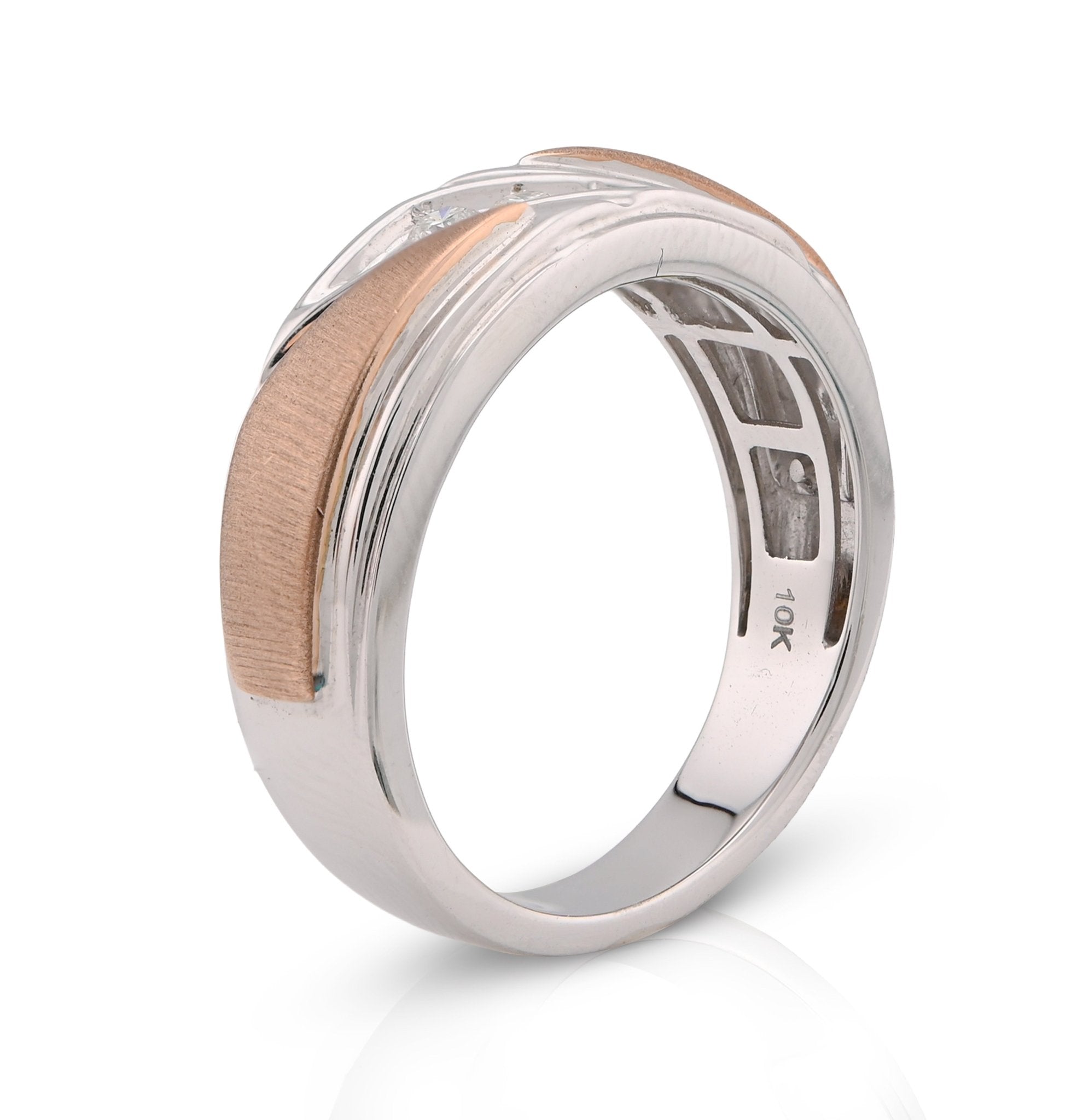 10K White/Rose Gold 0.17CT Natural Diamond Diagonal Centre 3 Stone Men Band - Elite Jewelers - Rings