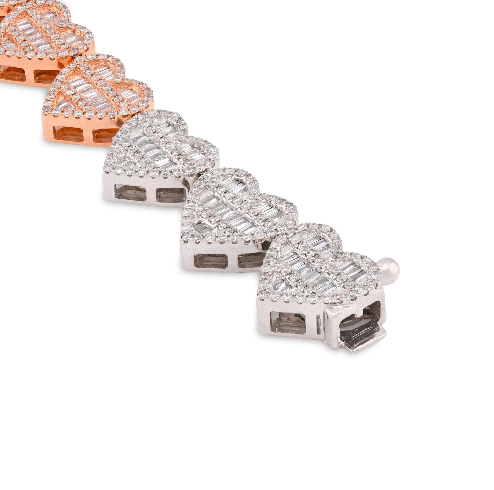 10K White/Rose Gold 3.86CT Natural Diamond Round/Baguette Heart Shape 7" 9.4MM Women 20.3g Bracelet - Elite Jewelers
