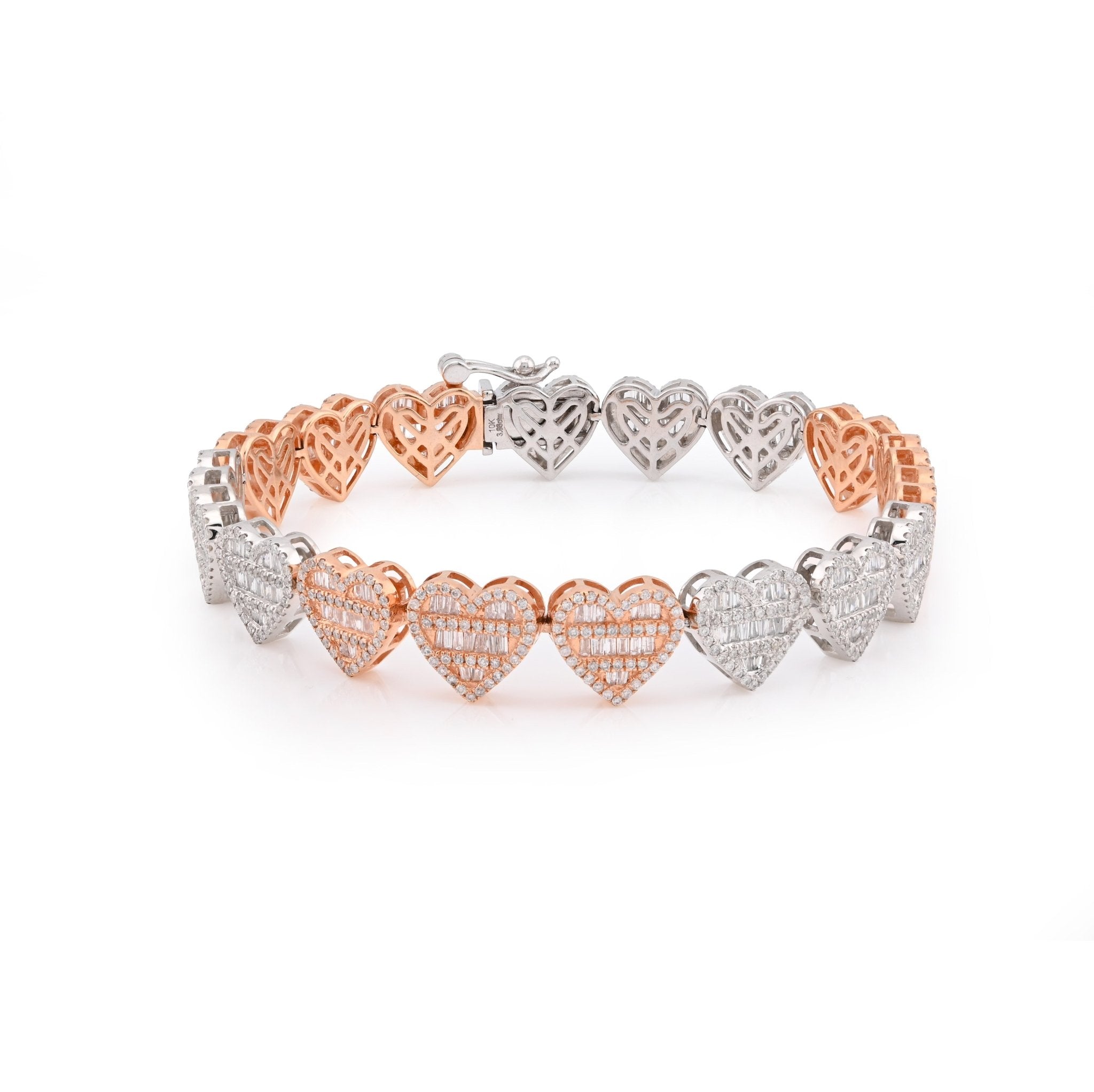 10K White/Rose Gold 3.86CT Natural Diamond Round/Baguette Heart Shape 7" 9.4MM Women Bracelet - Elite Jewelers - Bracelets