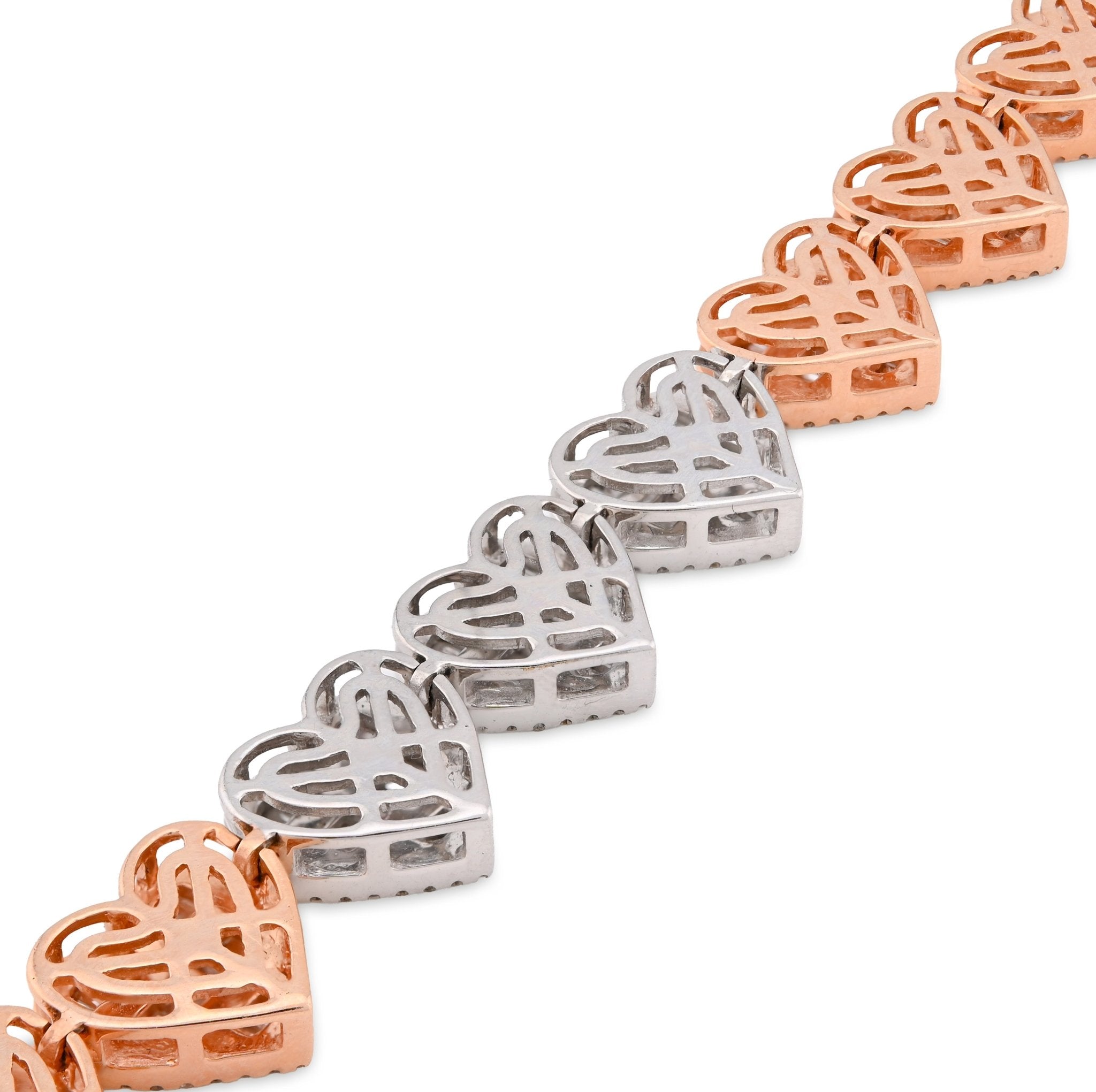 10K White/Rose Gold 3.86CT Natural Diamond Round/Baguette Heart Shape 7" 9.4MM Women 20.3g Bracelet - Elite Jeweler