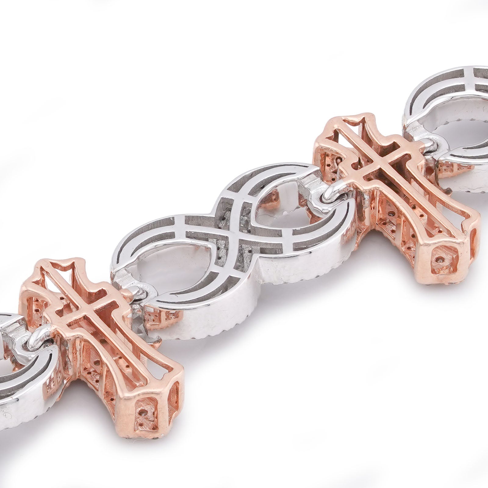 10K White/Rose Gold Cross Infinity Link 4.05CT Natural Round/Baguette Diamond Men Bracelet - Elite Jewelers-Bracelets