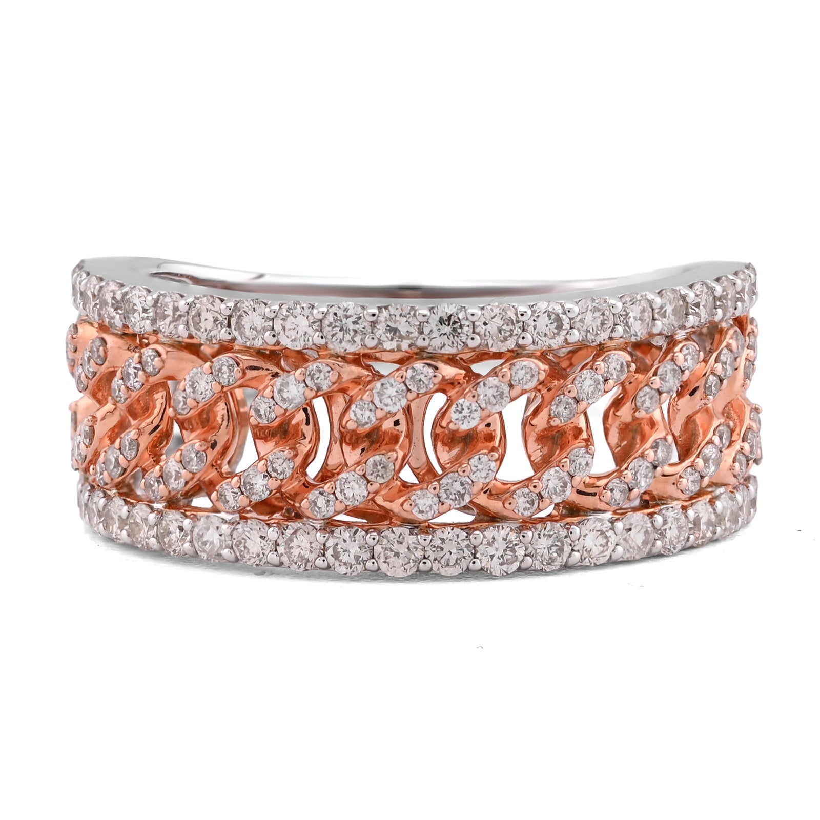 10K White/Rose Gold Cuban Link Centre 1.23CT Natural Diamond Men Ring Band - Elite Jewelers - Rings