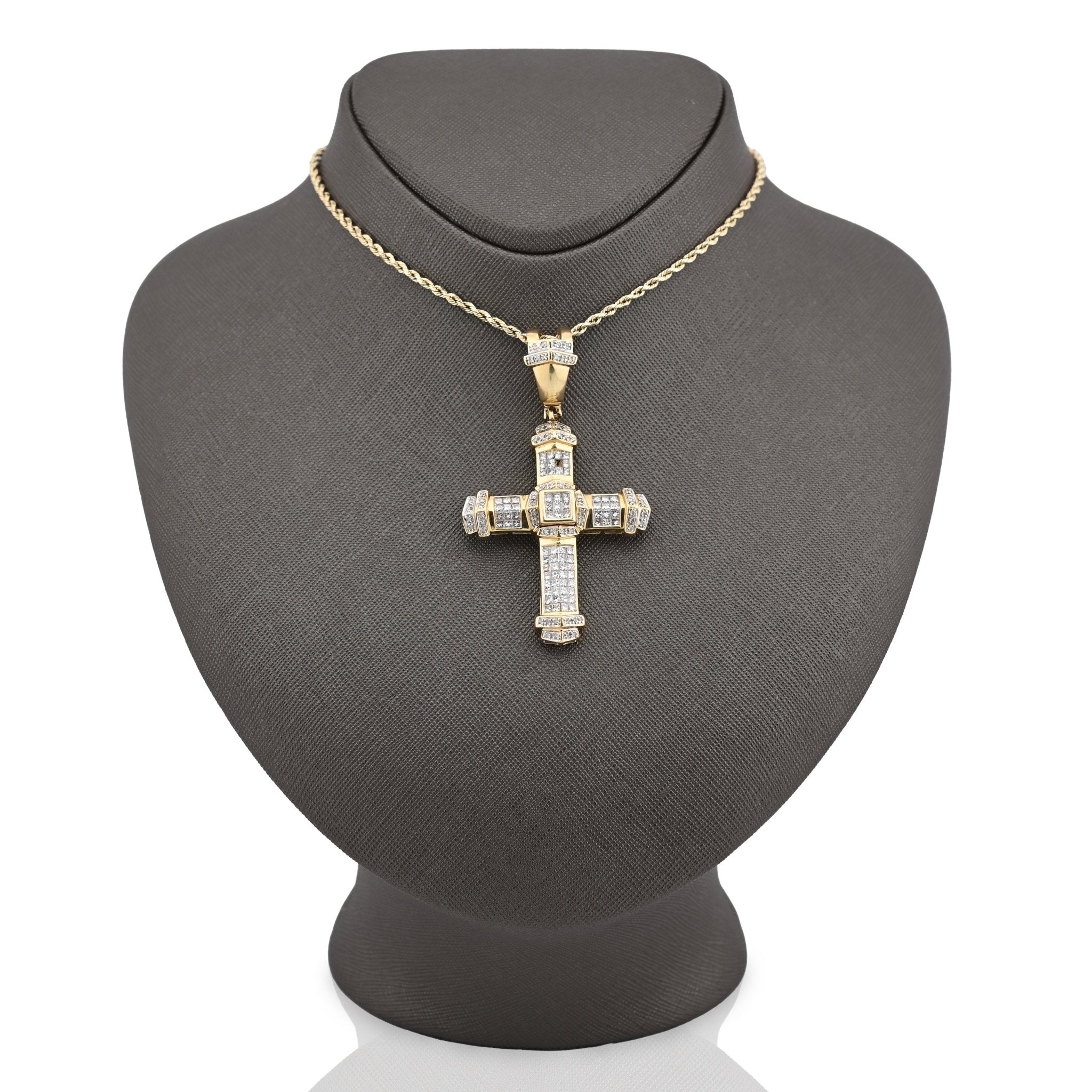 10K Yelloe Gold Princess cut/Round 5CT Natural Diamond Religious Cross Pendant Men Women Charm - Elite Jewelers - Charms & Pendants