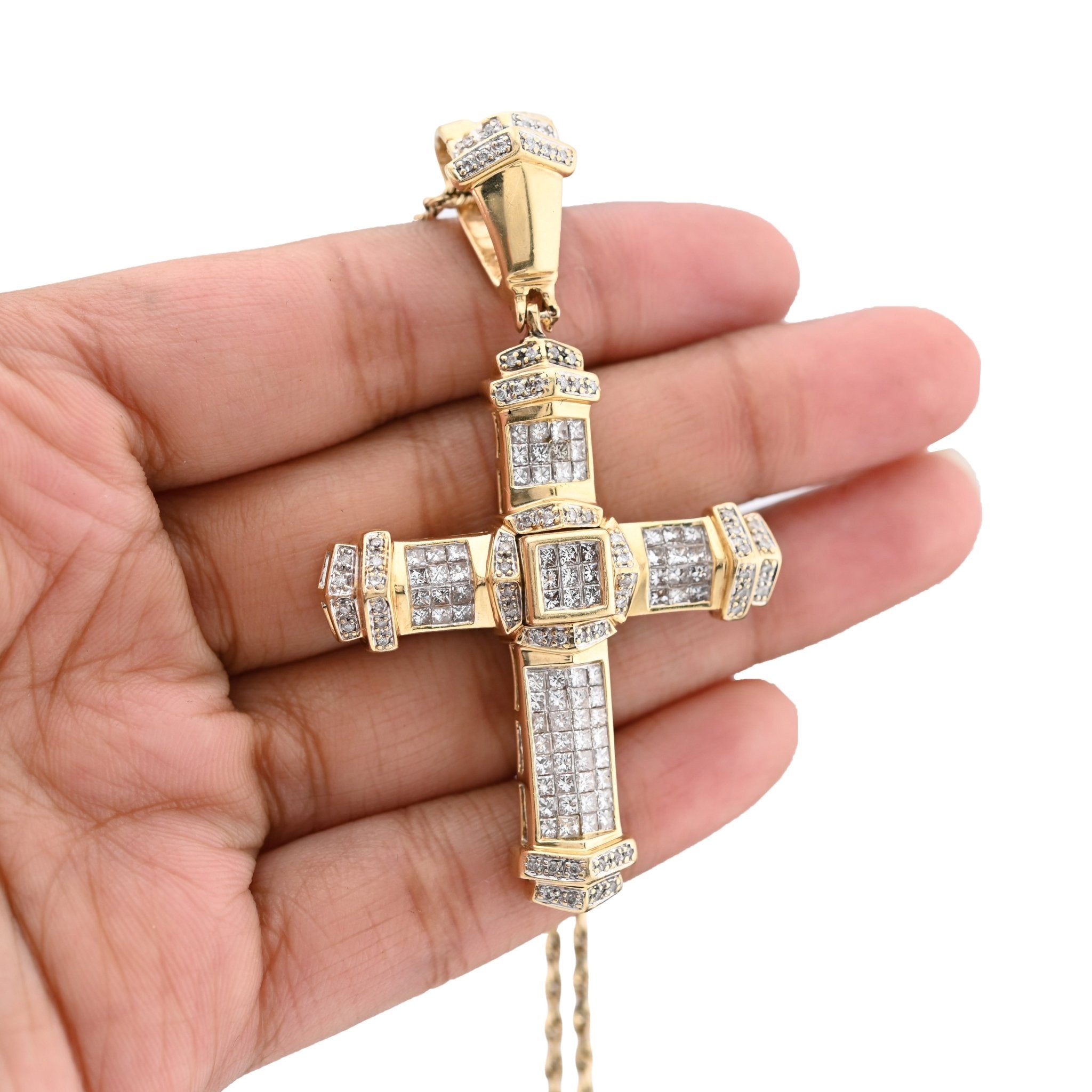 10K Yelloe Gold Princess cut/Round 5CT Natural Diamond Religious Cross Pendant Men Women Charm - Elite Jewelers - Charms & Pendants
