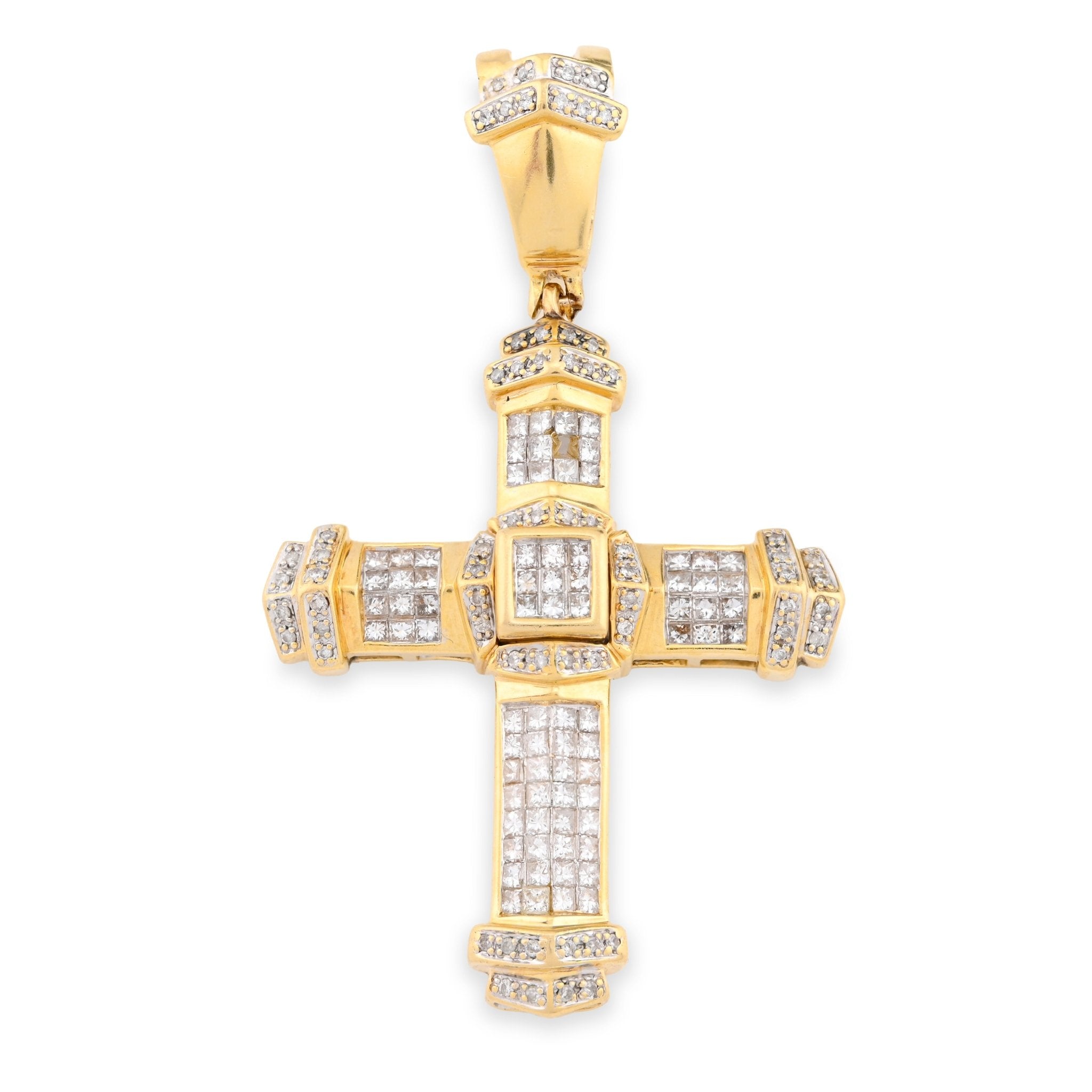 10K Yelloe Gold Princess cut/Round 5CT Natural Diamond Religious Cross Pendant Men Women Charm - Elite Jewelers - Charms & Pendants