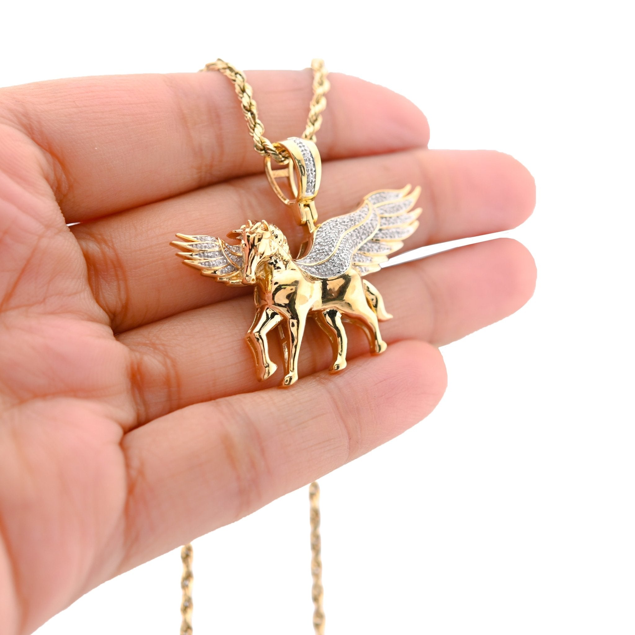 10K Yellow Gold 0.20CT natural Diamond Unicorn Horse Wing Men Women Pendant Charm - Elite Jewelers - Charms & Pendants