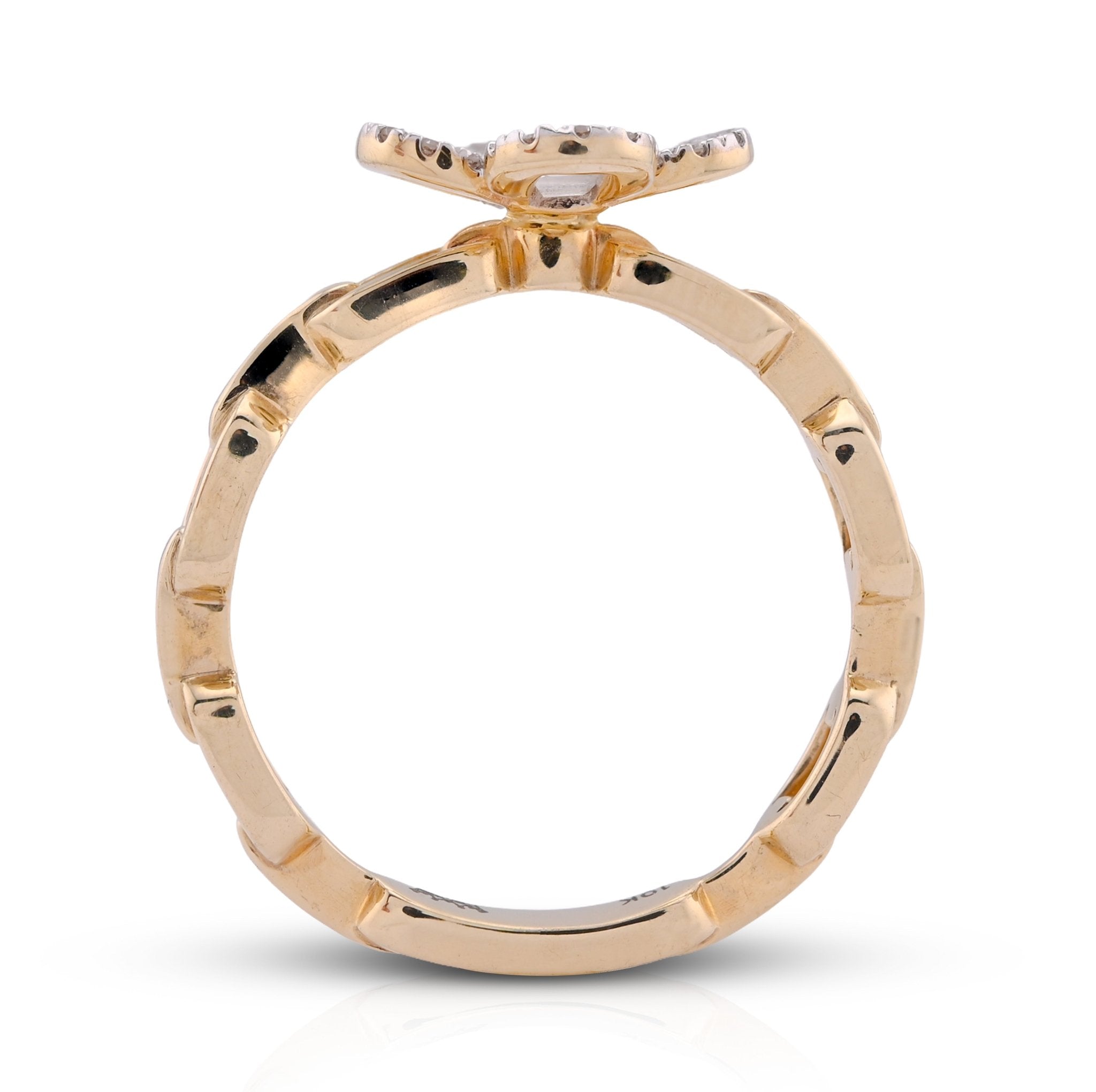 10K Yellow Gold 0.26CT Round/Baguette 4 - Leaf Clover Centre Chain - Link Natural Diamond Women Ring - Elite Jewelers - Rings