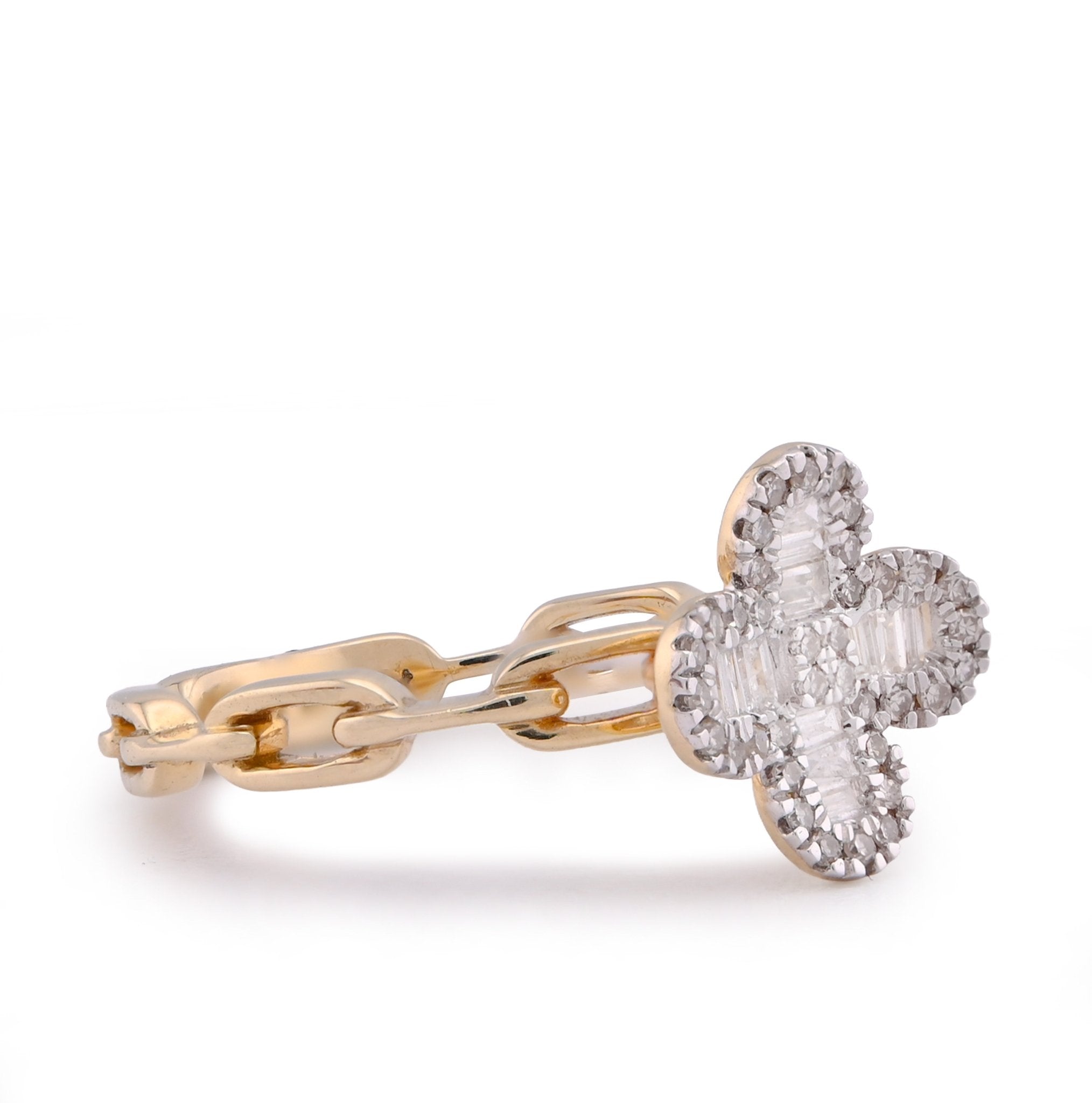 10K Yellow Gold 0.26CT Round/Baguette 4 - Leaf Clover Centre Chain - Link Natural Diamond Women Ring - Elite Jewelers - Rings