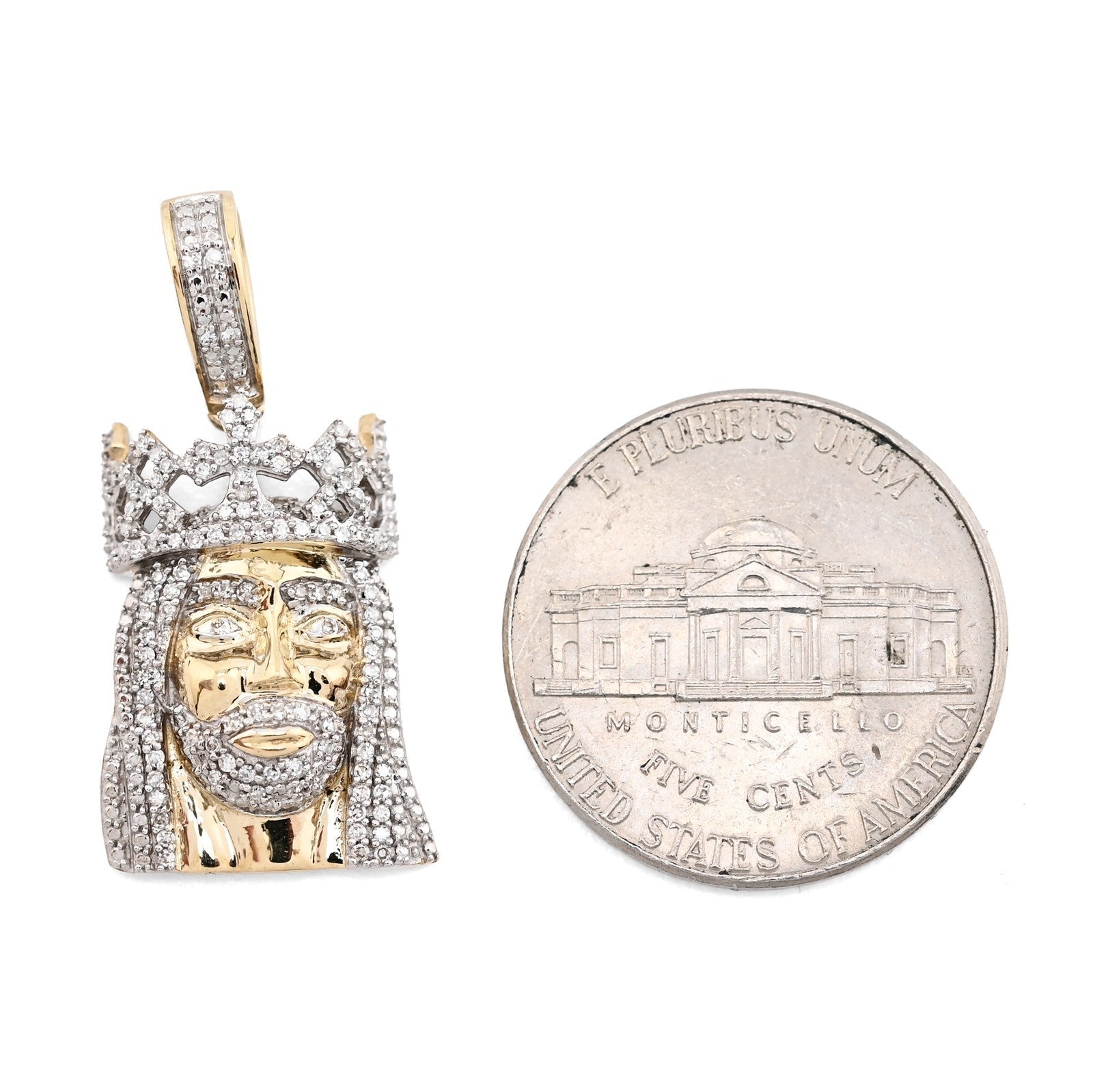 10k Yellow Gold 0.2CTW Natural Diamond 3D Crown Mini Jesus Head Pendant 3g Charm - Elite Jewelers - Charms & Pendants