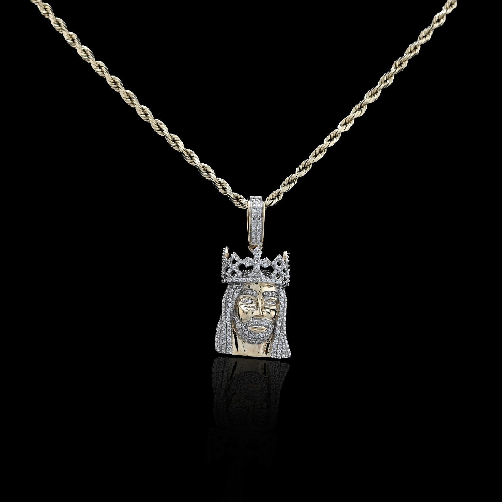 10k Yellow Gold 0.2CTW Natural Diamond 3D Crown Mini Jesus Head Pendant 3g Charm - Elite Jewelers - Charms & Pendants