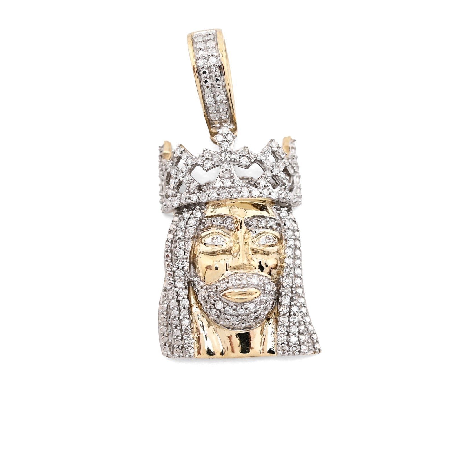 10k Yellow Gold 0.2CTW Natural Diamond 3D Crown Mini Jesus Head Pendant 3g Charm - Elite Jewelers - Charms & Pendants