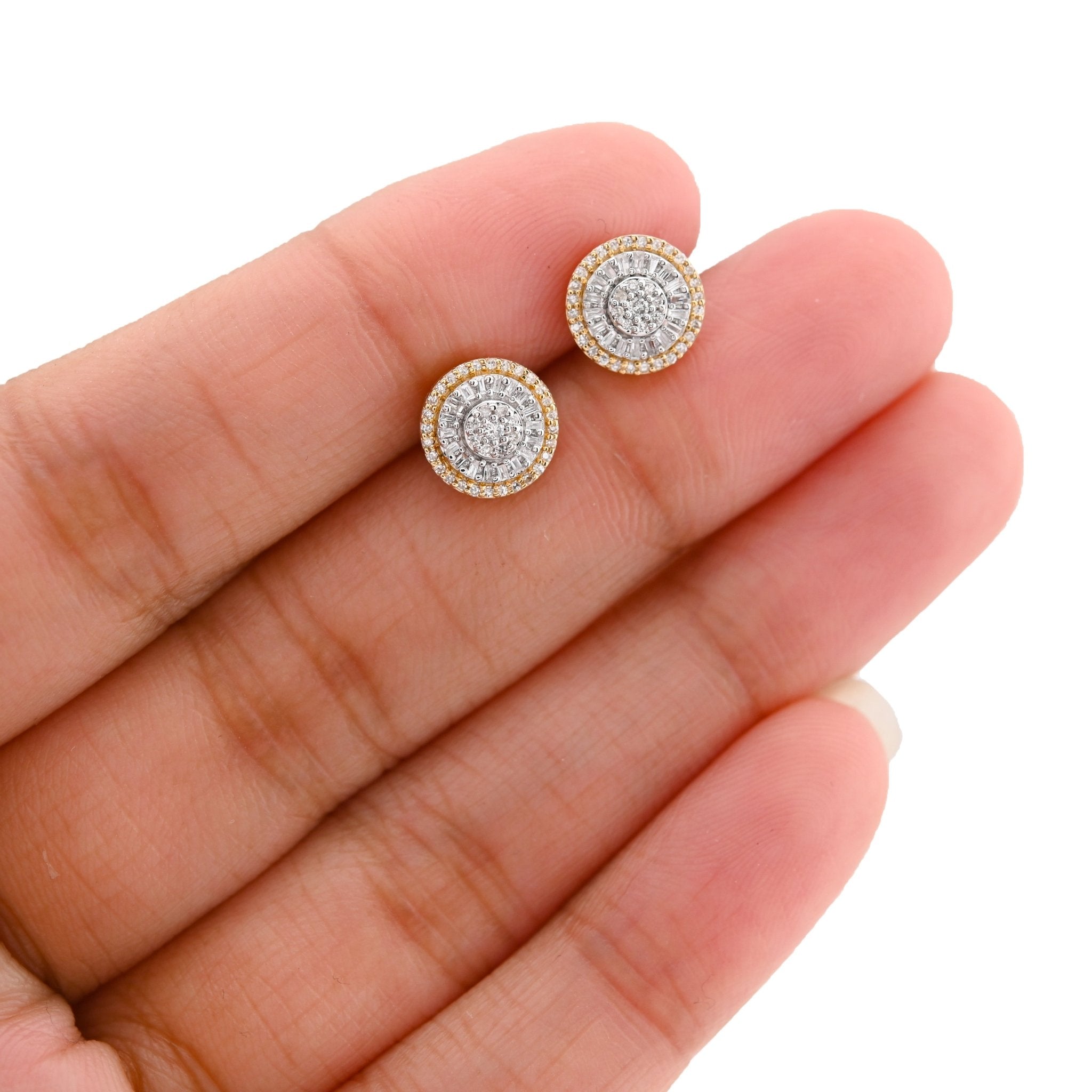 Gold 0.32CT Round/Baguette Natural Diamond Halo Cluster Flower Earrings Men Women Studs - Elite Jewelers - Earrings
