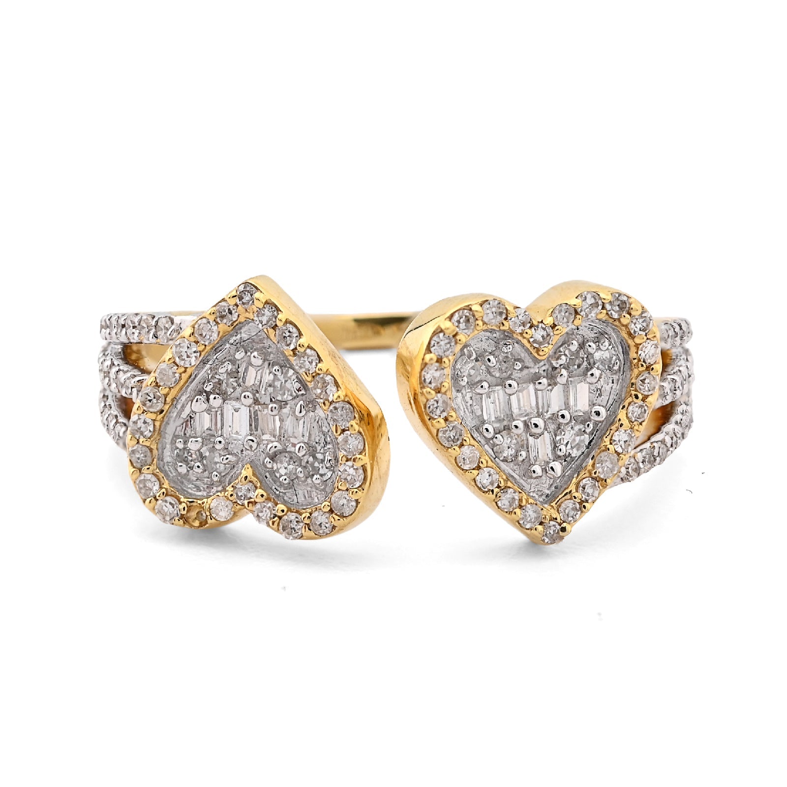 10K Yellow Gold 0.34CT natural Diamond Round/baguette Two heart Women Ring - Elite Jewelers - Rings