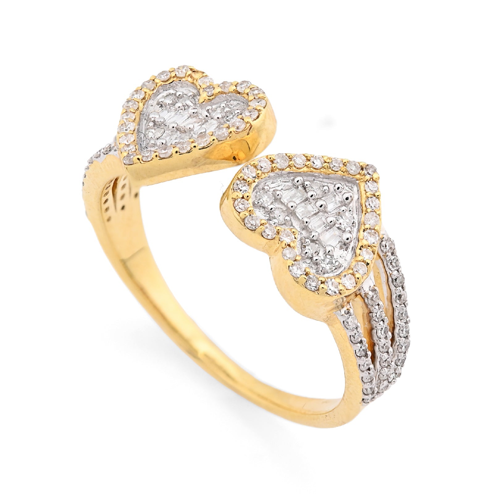 10K Yellow Gold 0.34CT natural Diamond Round/baguette Two heart Women Ring - Elite Jewelers - Rings